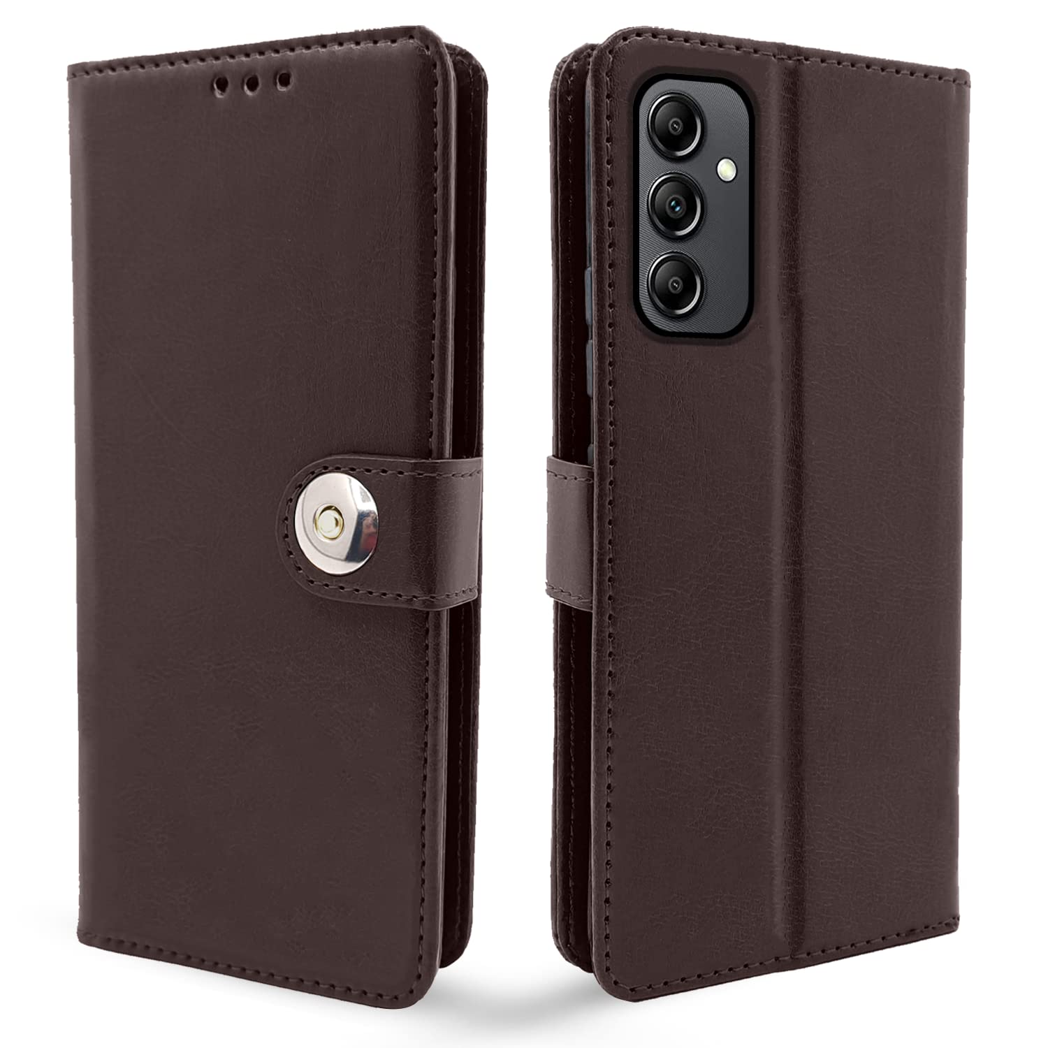 Pikkme Samsung Galaxy A14 4G / A14 5G Flip Cover Leather Finish | Inside TPU with Card Pockets | Wallet Stand and Shock Proof | Complete Protection Flip Case (Button Coffee)
