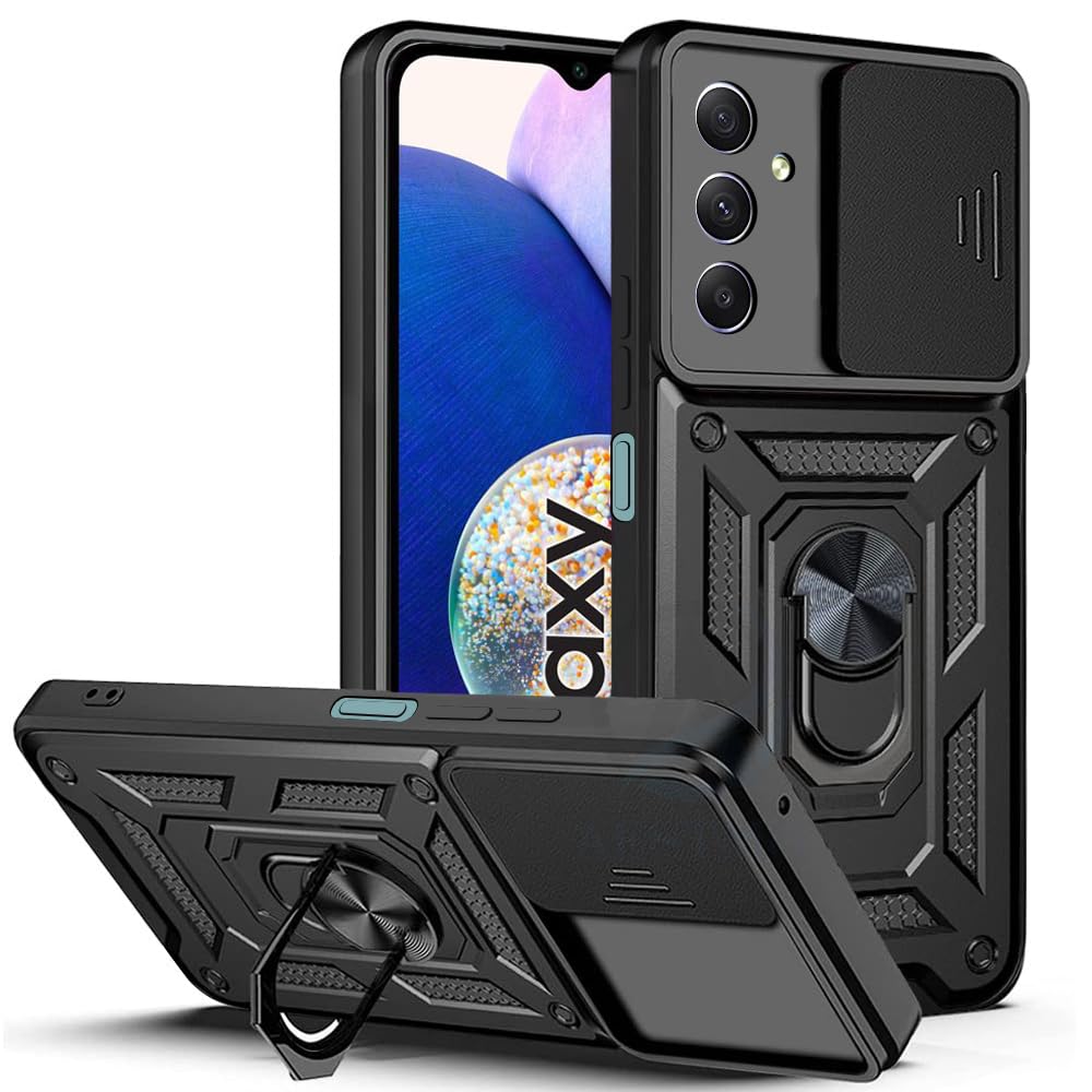 AESTMO Tough Armor Samsung Galaxy A14 5G Bumper Back Case Cover | Ring Holder & Sliding Camera Shield Cover | 360 Degree Protection Back Case Cover for Samsung Galaxy A14 (Black)