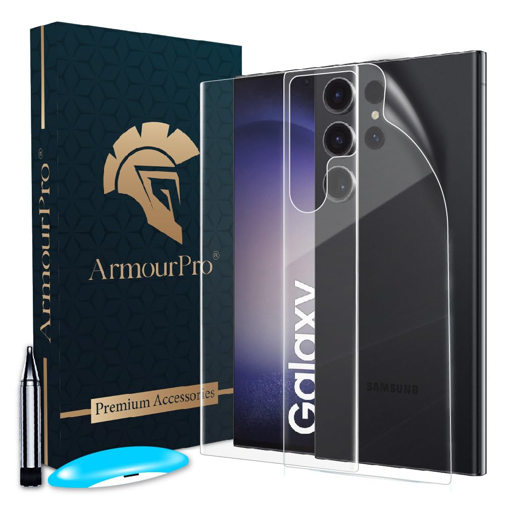 ArmourPro Tempered Glass for Samsung Galaxy S23 Ultra 5G with Edge to Edge Full Screen Coverage and Easy UV Glue Glass with Installation Kit and Back Nano Membrane ArmourPro Tempered Glass for Samsung Galaxy S23 Ultra 5G with Edge to Edge Full Screen Coverage and Easy UV Glue Glass with Installation Kit and Back Nano Membrane