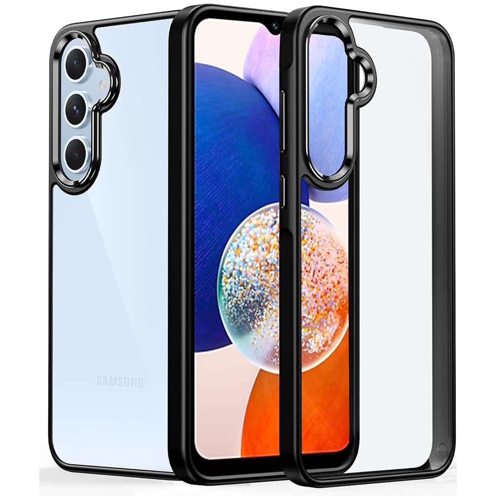 Casotec Back Cover | Electroplated Crome Metal Ring | Camera Protection Bump | Raised Edges | PC TPU Hybrid Clear Case | Transparent Bumper Case for Samsung Galaxy A14 4G / A14 5G (Black)