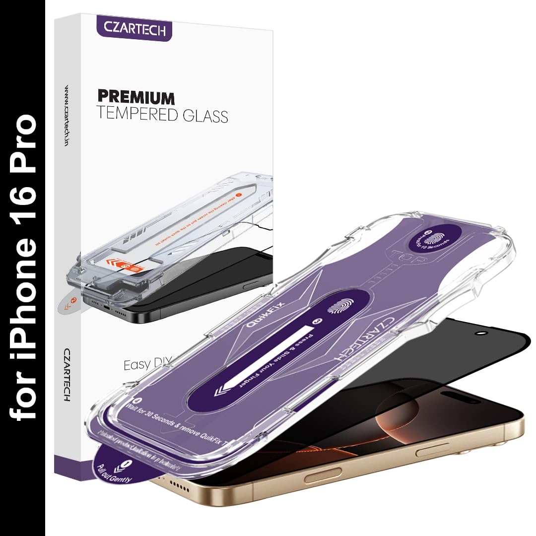 Czartech Auto-Align Privacy Tempered Glass Guard for iPhone 16 Pro Edge to Edge QuickFix Privacy Screen Protector with Applicator (1- Pack)(Privacy)