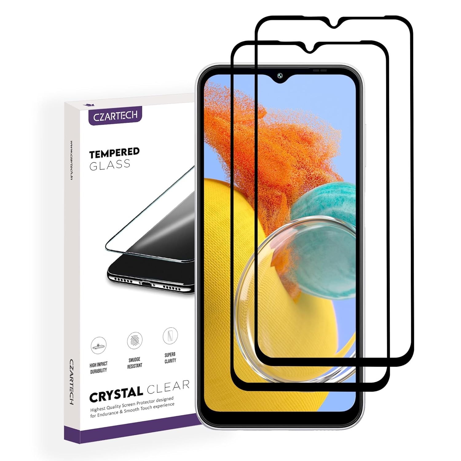 Czartech (Pack-2 Tempered Glass Screen Protector for Samsung Galaxy M14 5G | A14 5G | F14 5G (6.6” Inch) Edge-to-Edge Coverage Guard, 9H, Easy Cleaning Kit Czartech (Pack-2 Tempered Glass Screen Protector for Samsung Galaxy M14 5G | A14 5G | F14 5G (6.6” Inch) Edge-to-Edge Coverage Guard, 9H, Easy Cleaning Kit