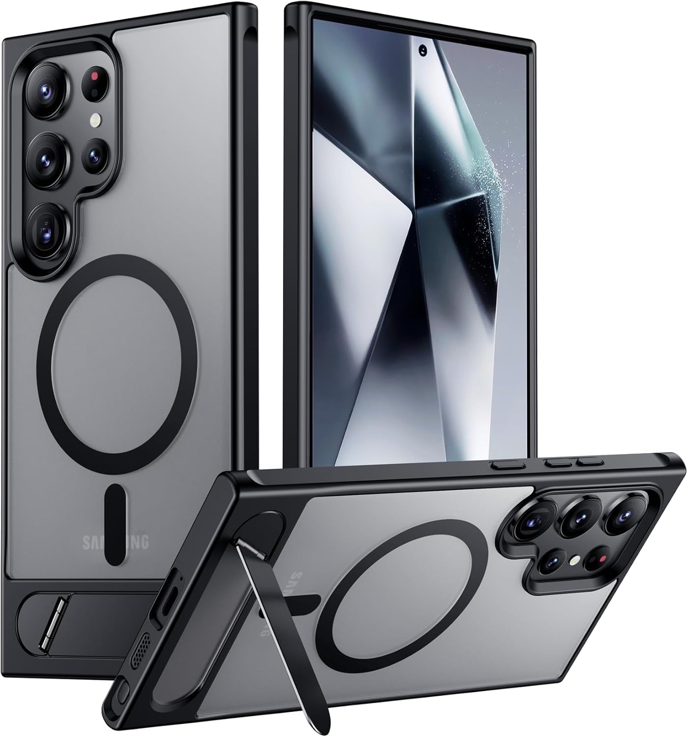 Elzzi Magnetic Cover Compatible for Samsung S23 Ultra 5g Case with Adjustable Metal Kickstand, Compatible with Mag-Safe Translucent Matte Shockproof Protective Phone Case, Black Elzzi Magnetic Cover Compatible for Samsung S23 Ultra 5g Case with Adjustable Metal Kickstand, Compatible with Mag-Safe Translucent Matte Shockproof Protective Phone Case, Black