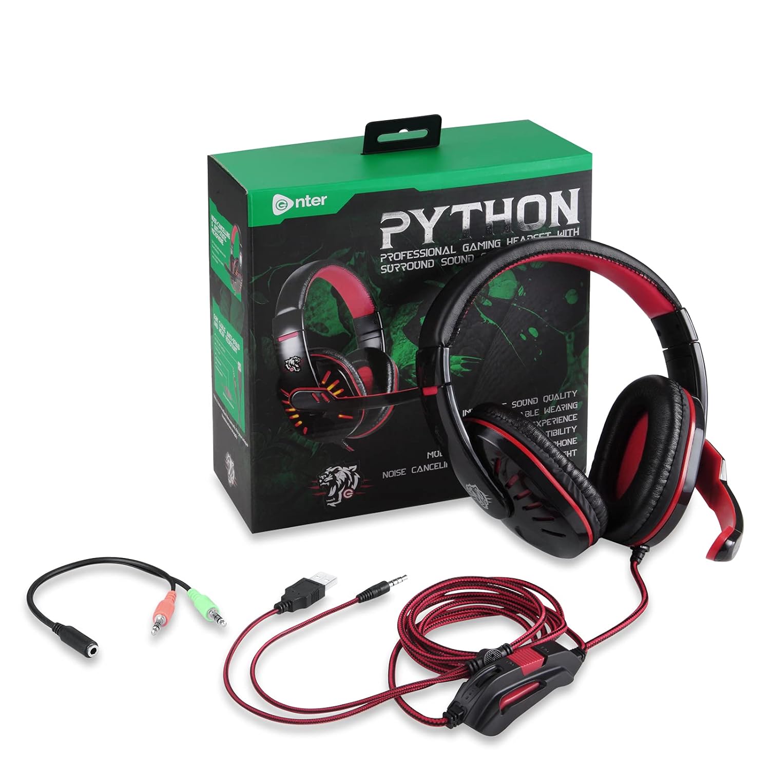 Enter Python Wired Gaming Headphone with 40Mm Driver, Adjustable Headband with Led Lights and Passive Noise Cancellation with Free Y Splitter – Over Ear Enter Python Wired Gaming Headphone with 40Mm Driver, Adjustable Headband with Led Lights and Passive Noise Cancellation with Free Y Splitter – Over Ear
