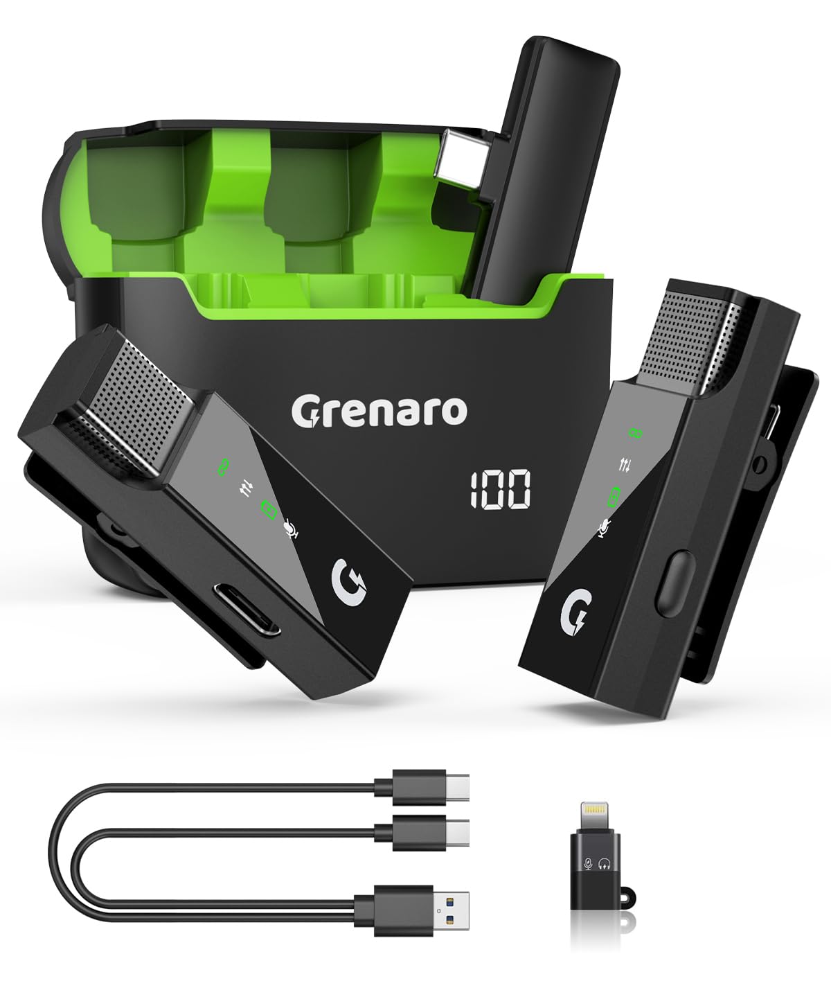 GRENARO Wireless Microphone, S13 Pro Digital Display Wireless Mic for YouTube, 30H Battery Life 65FT Range Lapel Mic for Android/iPhone – One-Click Noise Reduction (Dual Universal-Green)