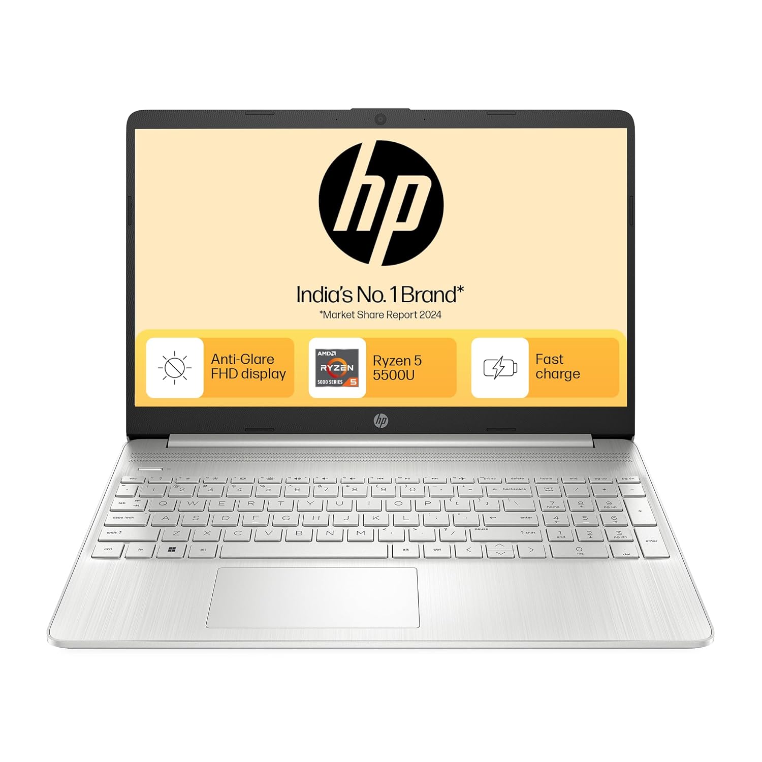 HP 15s, AMD Ryzen 5 5500U, 8GB DDR4, 512GB SSD, (Win 11, Office 21, Silver, 1.69kg), Anti-Glare, 15.6-inch(39.6cm), FHD Laptop, AMD Radeon Graphics, HD Camera, Dual Speakers, eq2144AU