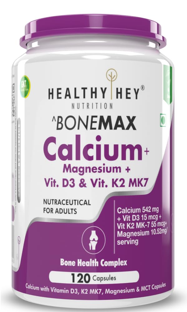 HealthyHey Nutrition Calcium with Magnesium, Vitamin D3 & Vitamin K2- Mk7 – BoneMax – Bone Health Complex -120 Vegetable Capsules