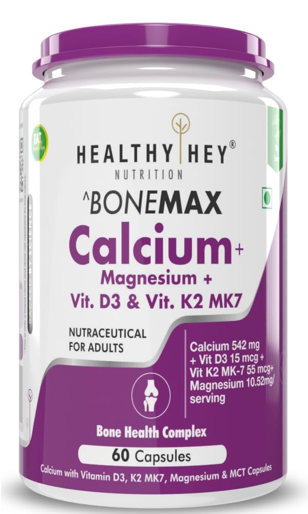 HealthyHey Nutrition Vegan Calcium with Magnesium, Vitamin D3 & Vitamin K2- Mk7 – BoneMax – Bone Health Complex – 60 Vegetable Capsules