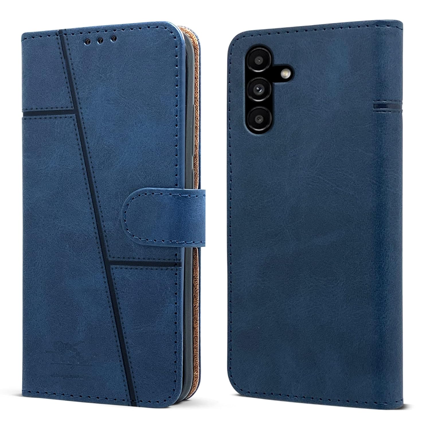 Jkobi Flip Cover Case for Samsung Galaxy A14 4G | 5G (Stitched Leather Finish | Magnetic Closure | Inner TPU | Foldable Stand | Wallet Card Slots | Blue)