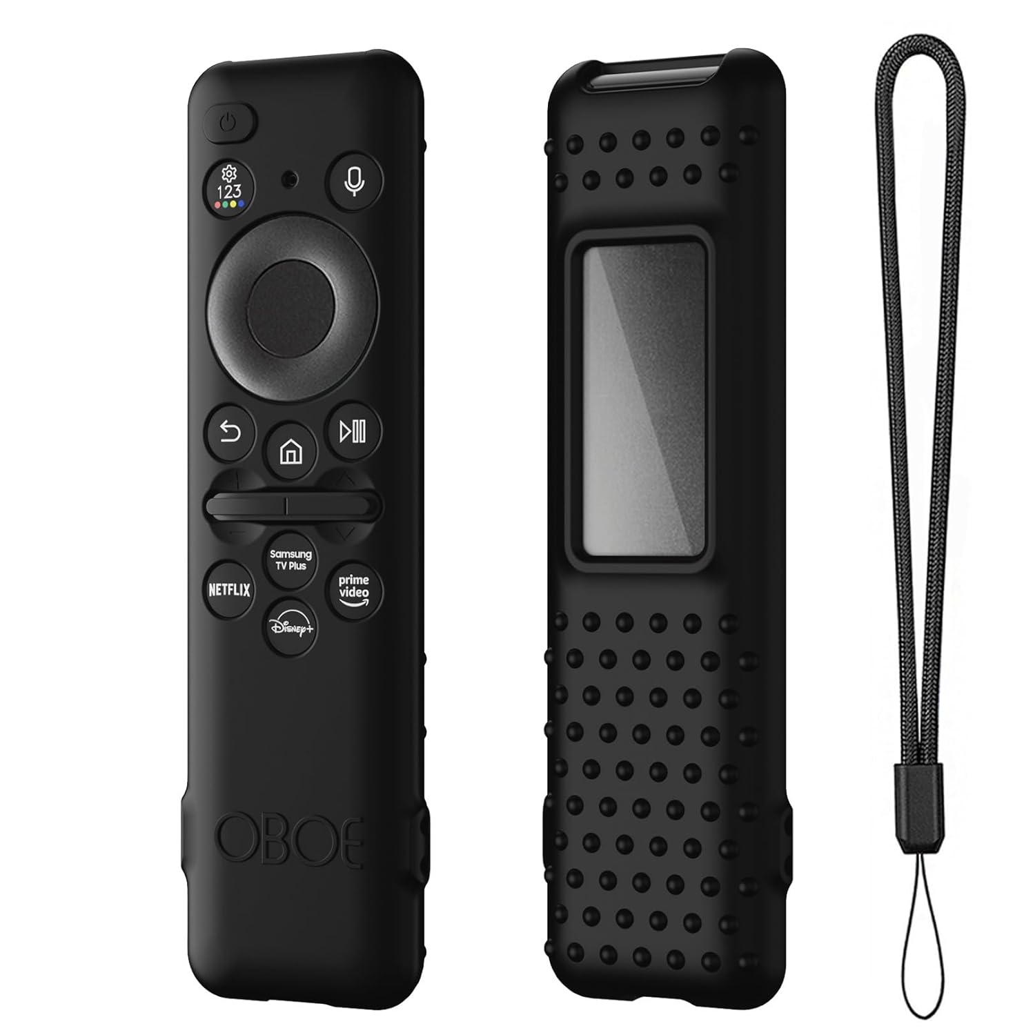 Oboe Silicone Tv Remote Cover Compatible with Samsung Smart Tv Remote 2023 Model TM-2360 E Remote Protective Open Key Case with Lanyard (E-Black) [Remote NOT Included]
