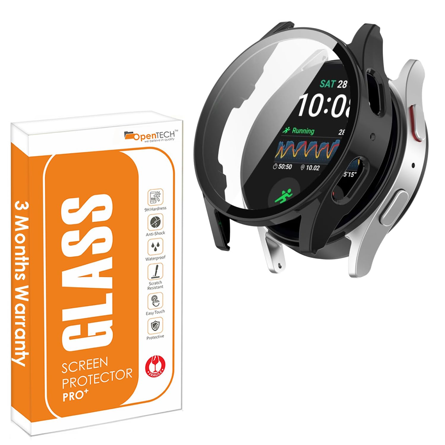 OpenTech Hard Silicone Protection Case Cover with Attached Screen Protector Compatible for Samsung Galaxy Smart Watch 6 (44 mm) Full Coverage (Black)