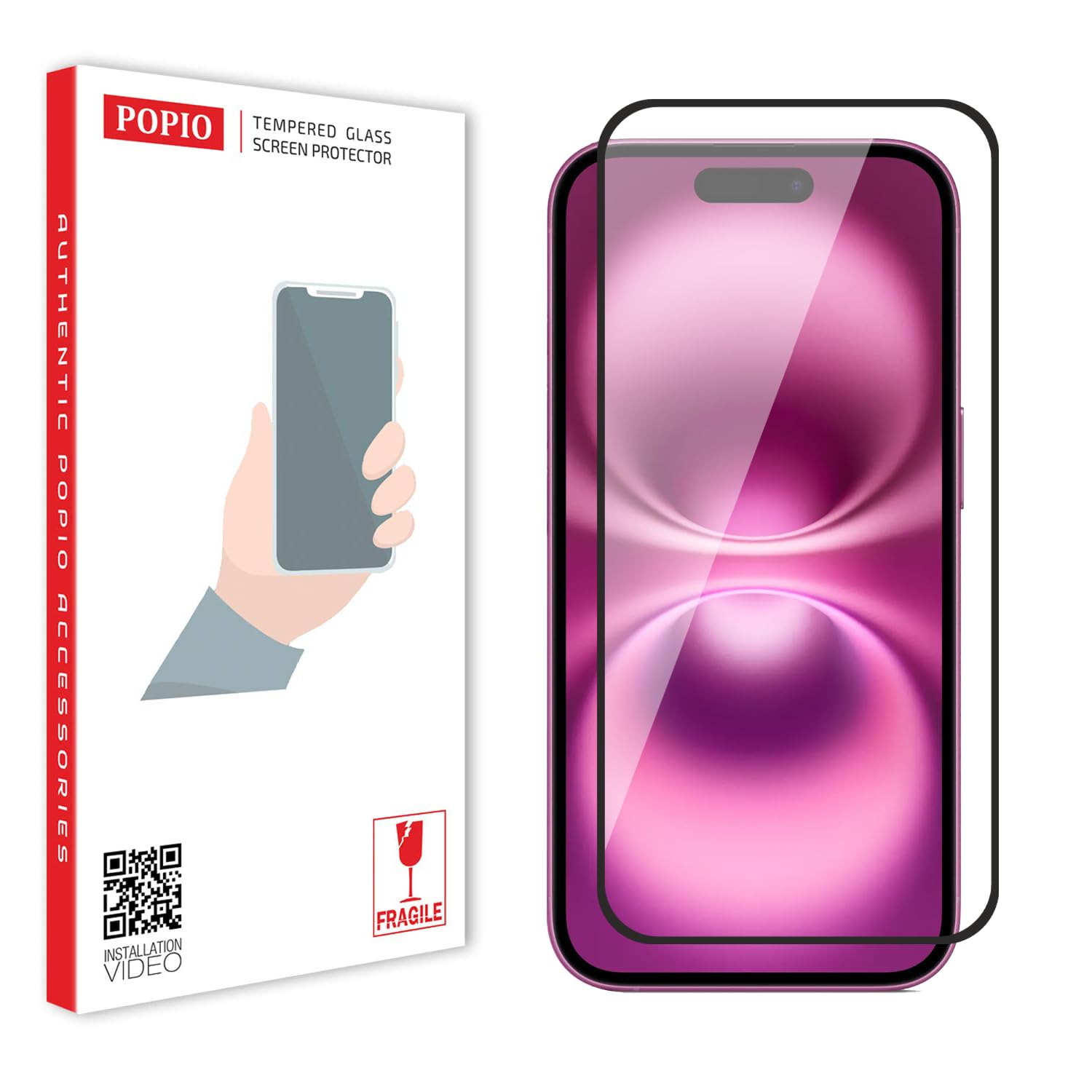 POPIO Tempered Glass Screen Protector Compatible for iPhone 15 Plus/iPhone 16 Plus (Black) Edge to Edge Coverage with Easy Installation kit