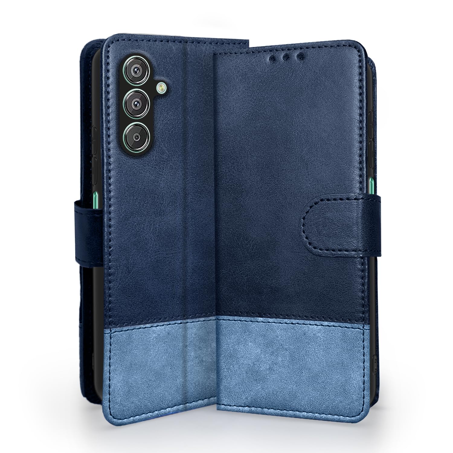 Pikkme Flip Cover | Dual-Tone PU Leather Finish | Wallet Style & Stand | Magnetic Flip Case for Samsung Galaxy F15 5G / M15 5G / M15 Prime 5G (Navy & Light Blue)