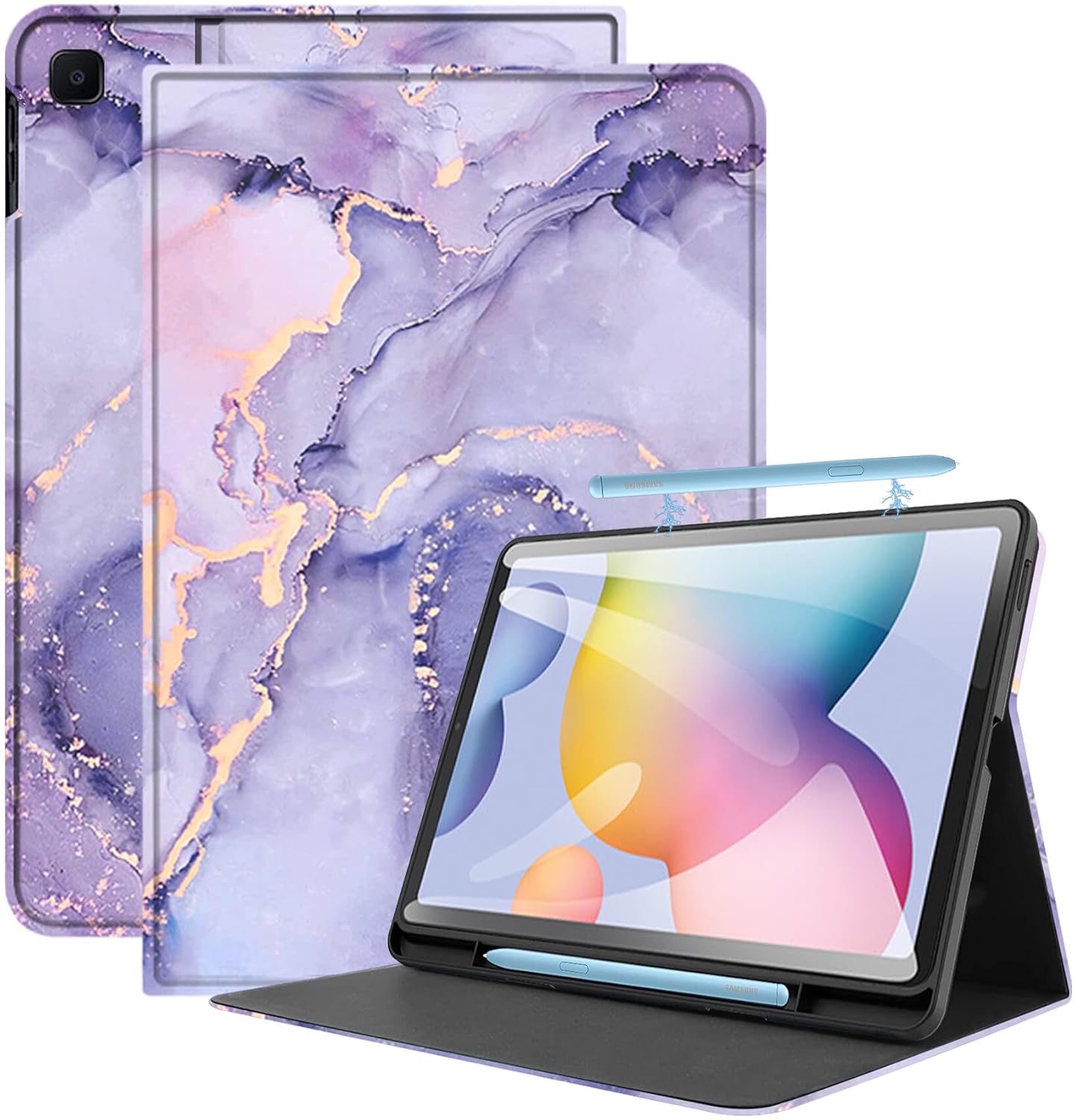 Robustrion Cover for Samsung Galaxy S6 Lite Tab Cover 10.4 inch Flip Stand Case Cover for Samsung S6 Lite Tablet Cover with S Pen Holder – Marble Lilac