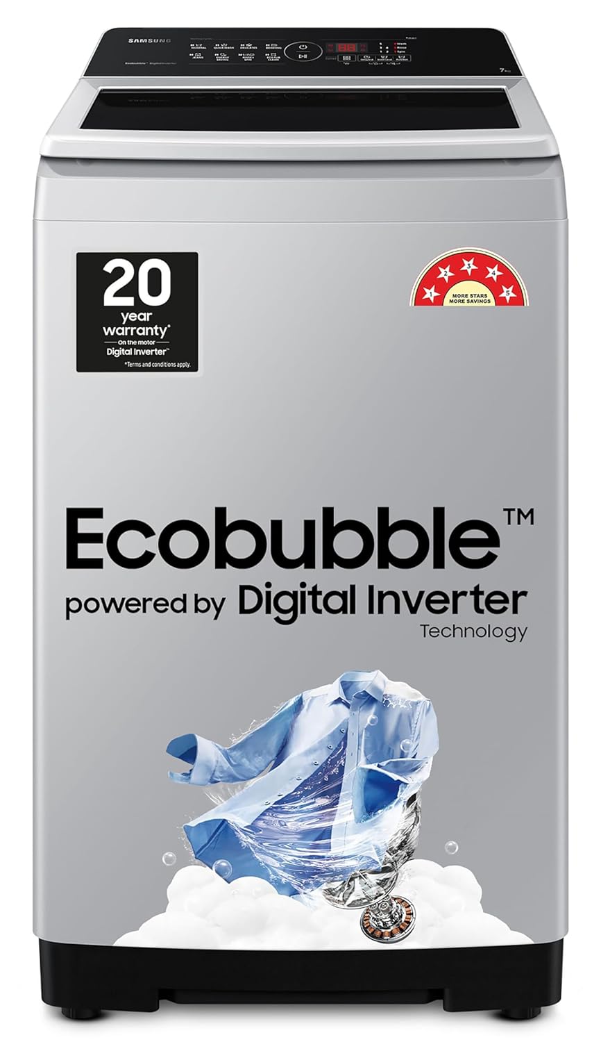 Samsung 7 kg, 5 star, Ecobubble, Digital Inverter, Fully-Automatic Top Load Washing Machine (WA70BG4441YYTL, Lavender Gray) Samsung 7 kg, 5 star, Ecobubble, Digital Inverter, Fully-Automatic Top Load Washing Machine (WA70BG4441YYTL, Lavender Gray)