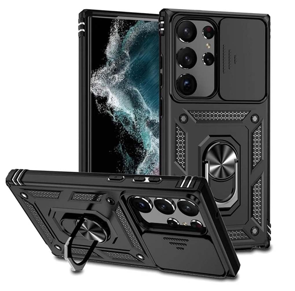 Solomon Back Cover for Samsung Galaxy S23 Ultra 5G Heavy Duty Slide Camera Cover Built-in Rotated Ring Kickstand Rugged Drop Protection Shockproof Full Body Protector