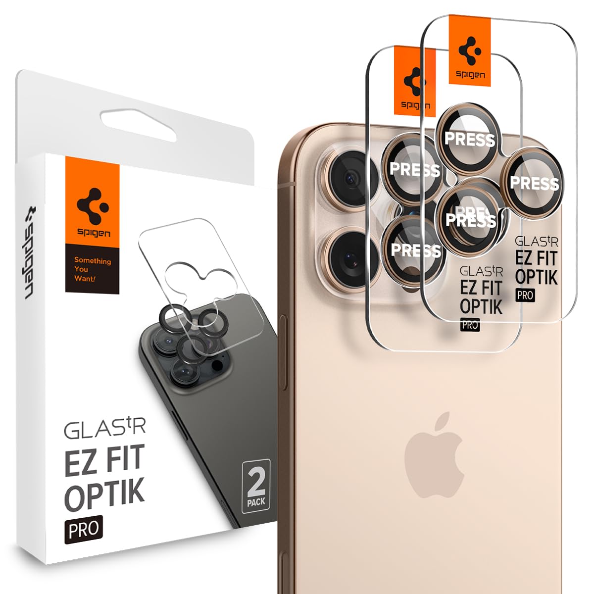 Spigen EZ Fit Optik Pro Tempered Glass Camera Lens Protector Guard for iPhone 16 Pro / 16 Pro Max (Dessert Titanium) – 2 Pack