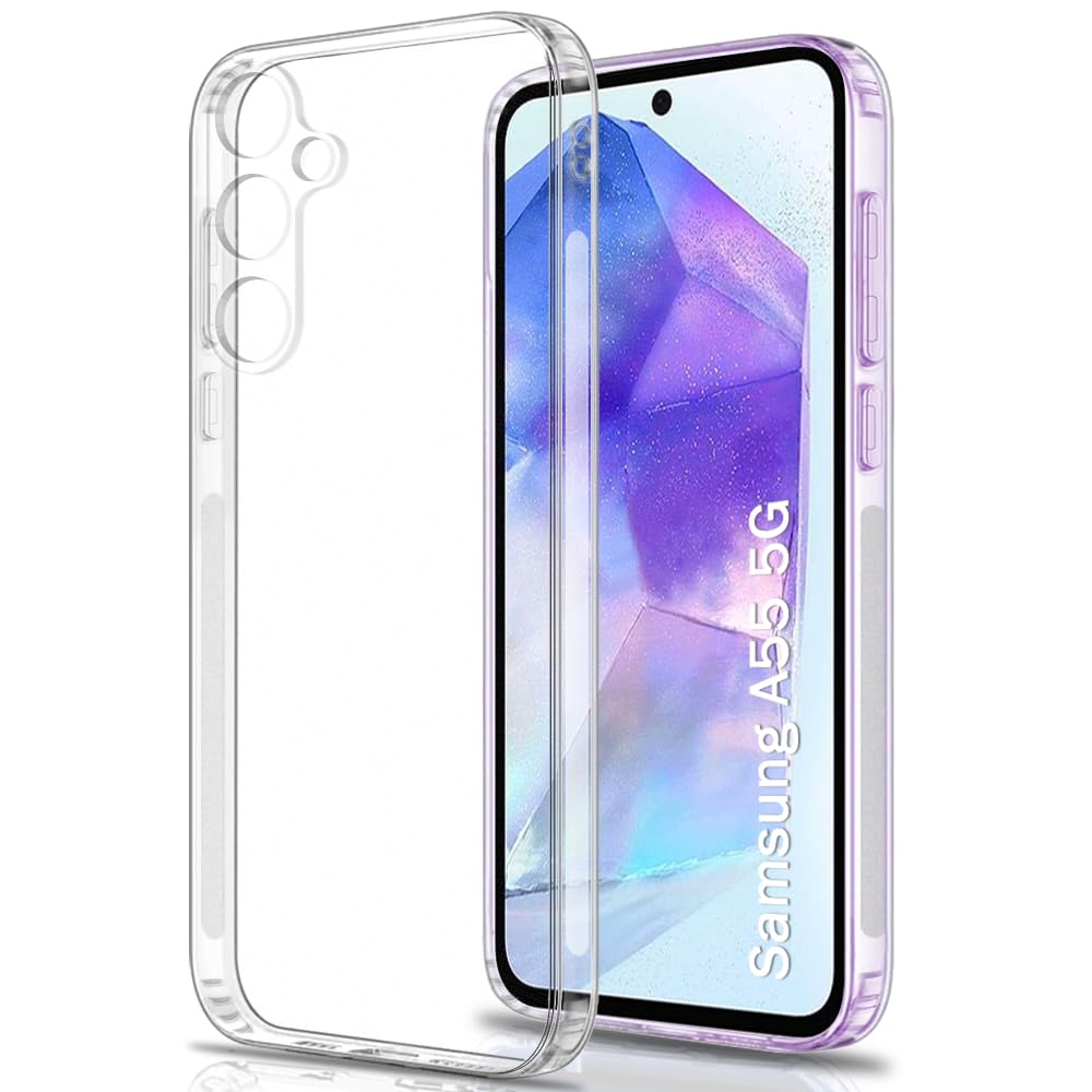 TheGiftKart Back Cover Soft Case for Samsung Galaxy A55 5G | Best Camera Protection | Inbuilt Dust Plugs & Anti-Slip Grip | Ultra Clear Slim Back Cover Case for Samsung A55 5G (Silicone, Transparent)