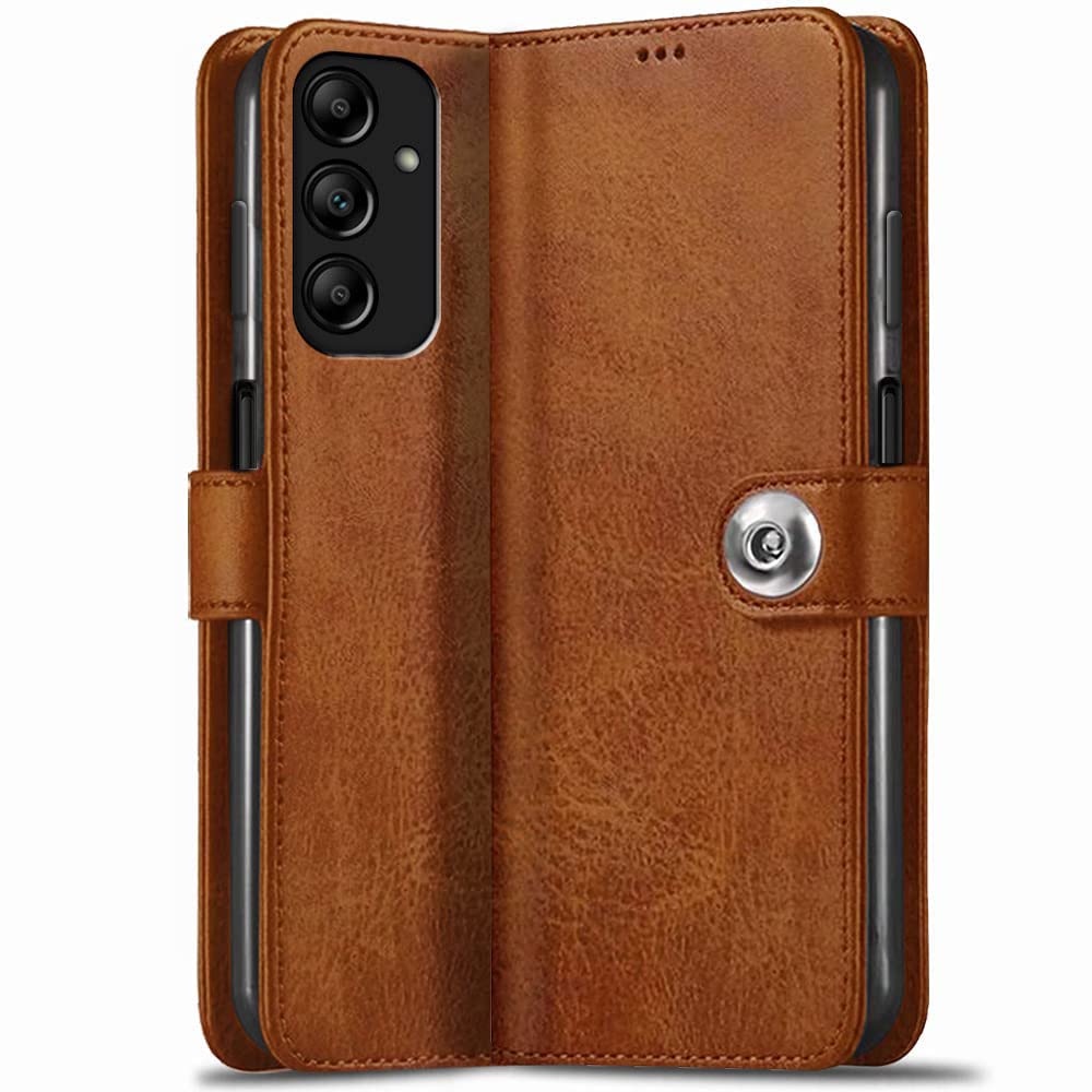TheGiftKart Flip Cover Back Case for Samsung Galaxy A14 4G / A14 5G | Genuine Leather Finish | Designer Button | Inbuilt Pockets & Stand (Brown)