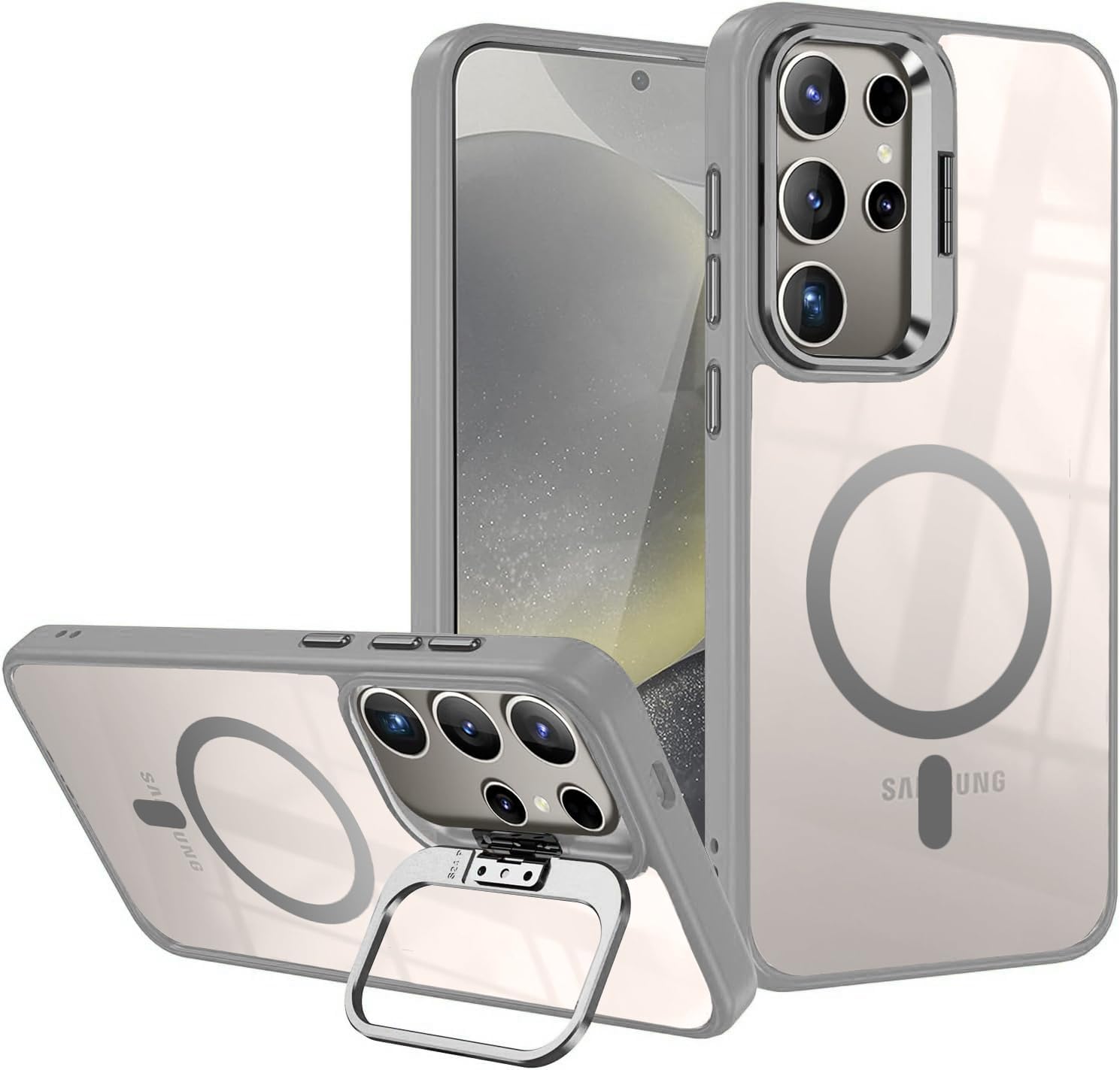 VONZEE Compatible for Samsung S23 Ultra 5G Case, Compatible with MagSafe, Military-Grade Protective Case, Built-in Stash Stand Phone Case, Scratch-Resistant Back Cover, Classic Series|Clear Grey