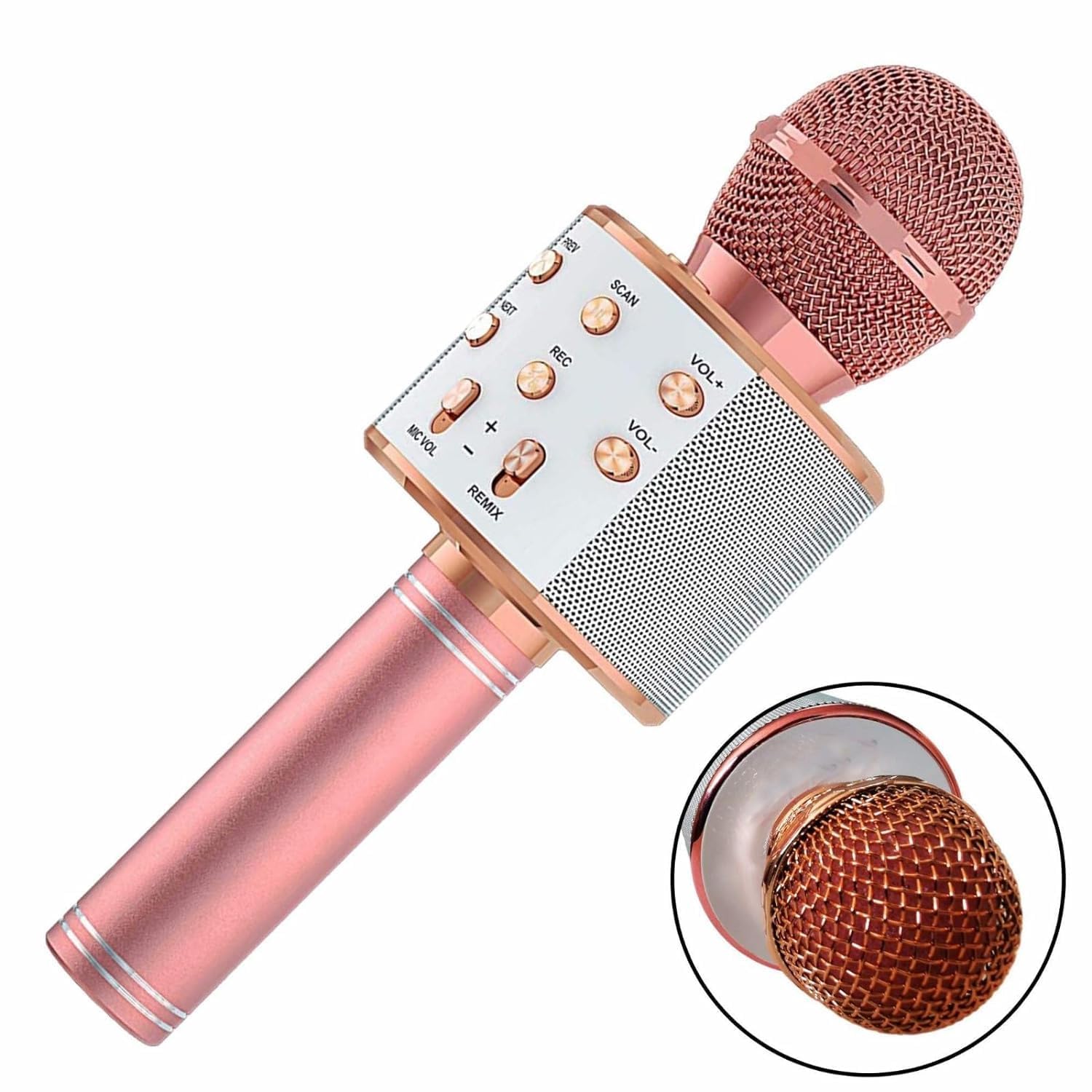 VRJTEC Karaoke Rose Gold & Silver Color Mic – Wireless & 2 in 1 Portable Microphone with Speaker, Continuous Play+ USB Charging + Card Slot + Aux Port + Audio Recording for Wireless Singing, Parties