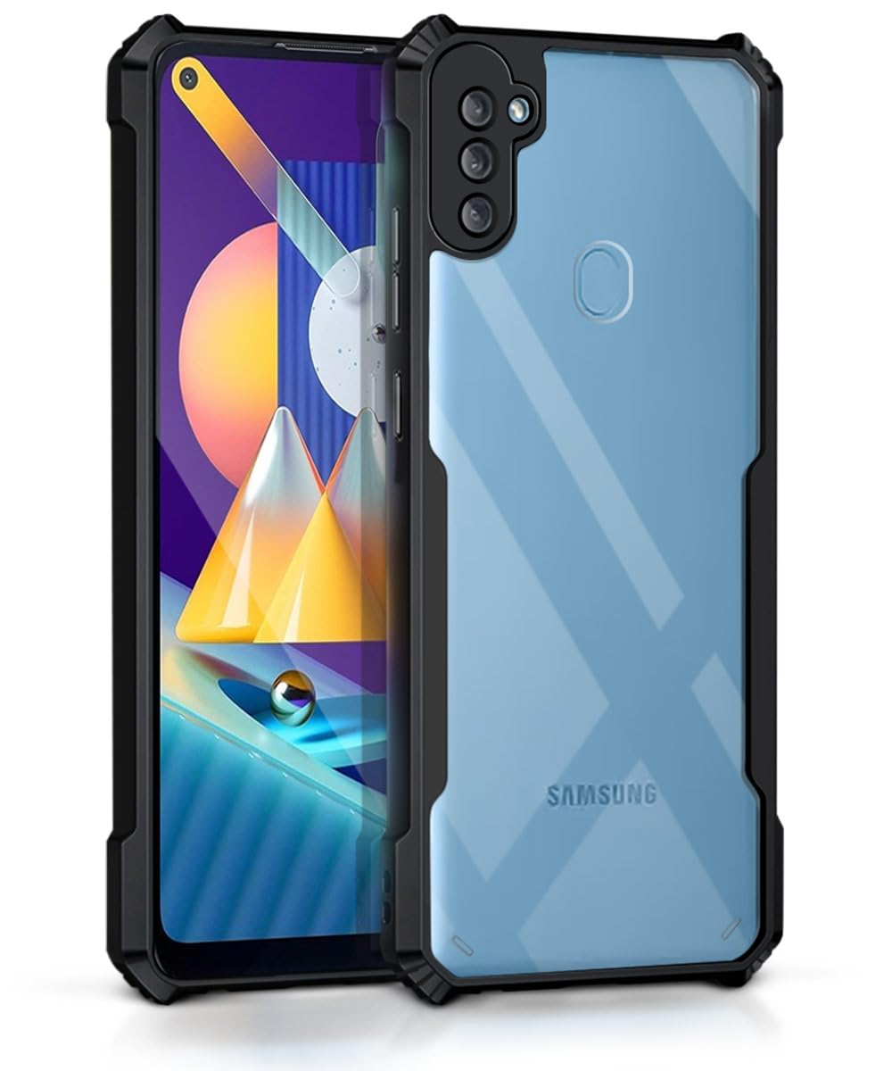 WOW Imagine Shock Proof Clear Back Case Mobile Cover for Samsung Galaxy M11 | (Hard | Hybrid PC + TPU | Full Armour Device & Camera Protection | Black)