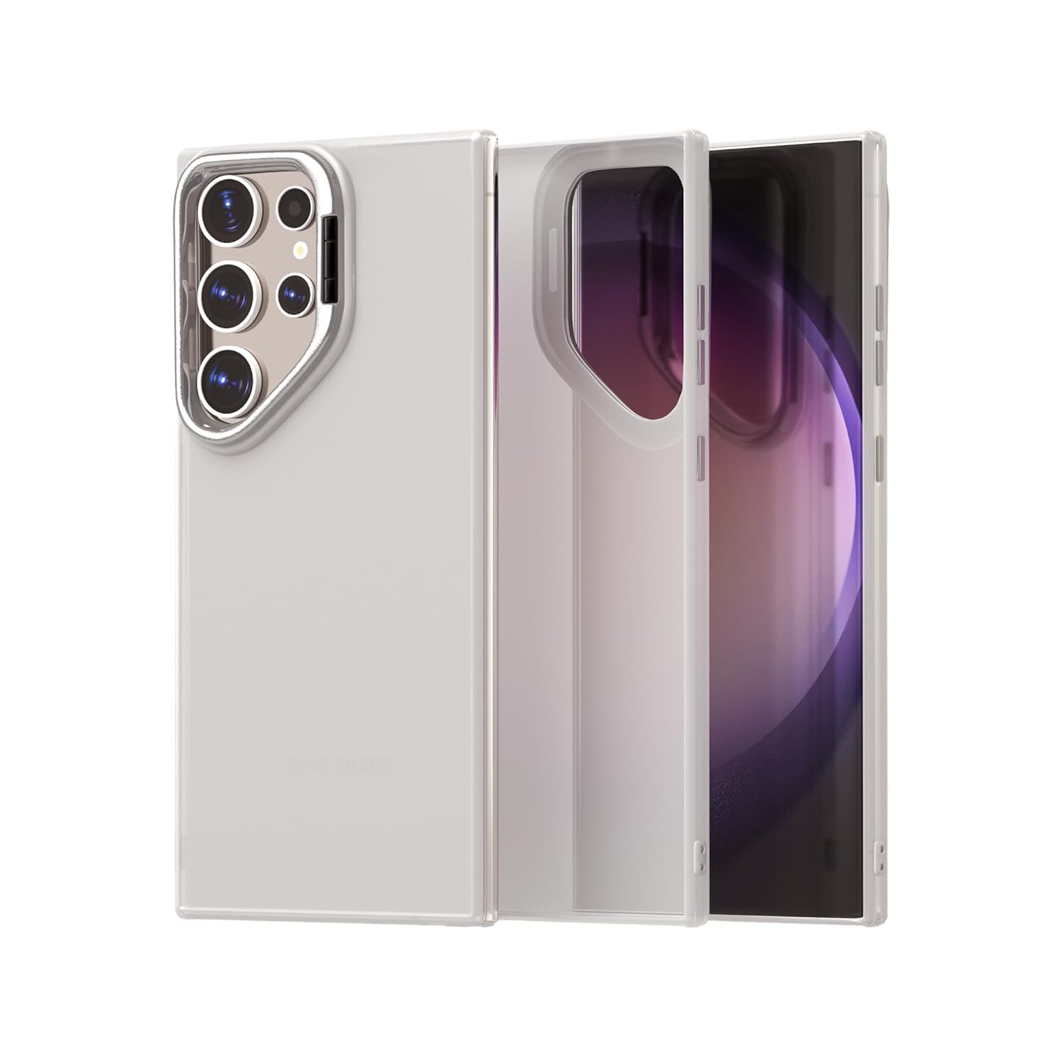 amazon basics Samsung Galaxy S23 Ultra Case with Stand, Scratch Resistant Back, Military-Grade Protection, Adjustable Camera Ring Stand, TPU, Classic Kickstand Back Cover, Frosted White