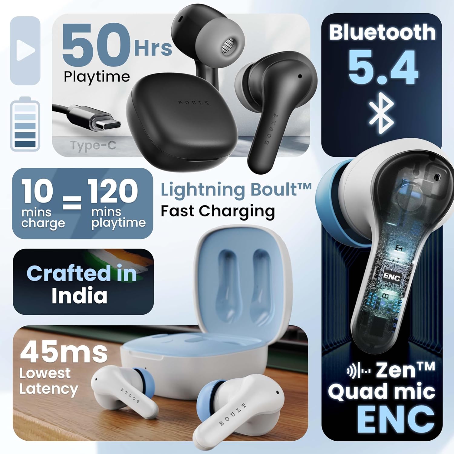 Boult K10 Truly Wireless Bluetooth In Ear Earbuds with 50H Playtime, 4 Mic Clear Calling, 45ms Low Latency, 10mm Drivers, Touch Controls, Type-C Fast Charging, IPX5, TWS Ear buds Wireless (Pure Black)