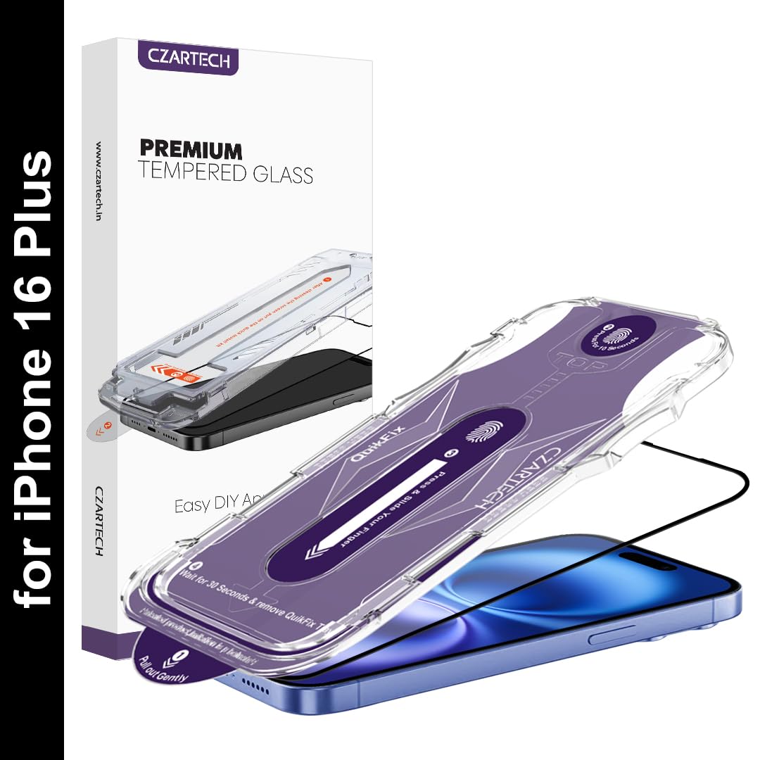 Czartech Auto Align [MATTE] Tempered Glass Screen Protector matte for iPhone 16 Plus with QuikFix Applicator & Easy Cleaning Kit |9H Full Cover Screenguard