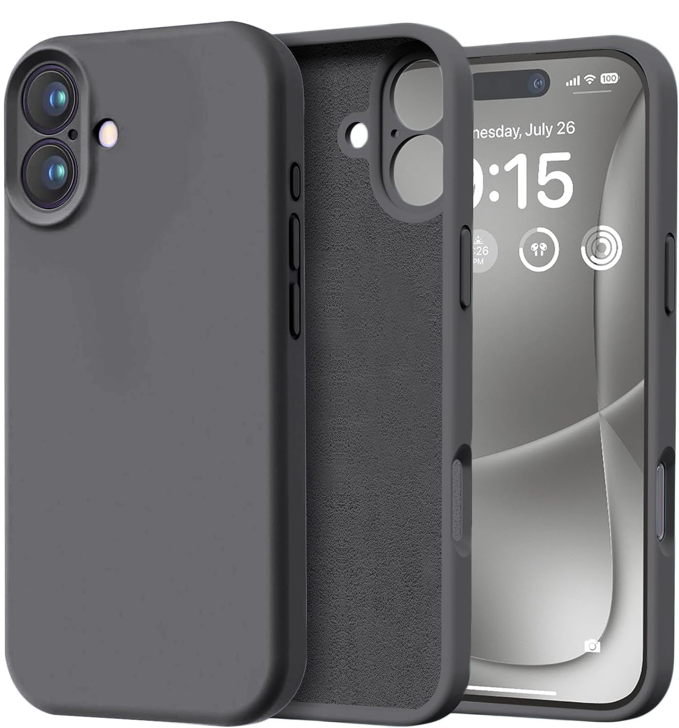 DIZORO Compatible for iPhone 16 Plus Case 6.7, Slim Liquid Silicone 3 Layers Full Covered Soft Gel Rubber Phone Case Protective Cover 6.7 Inch – Dark Gray