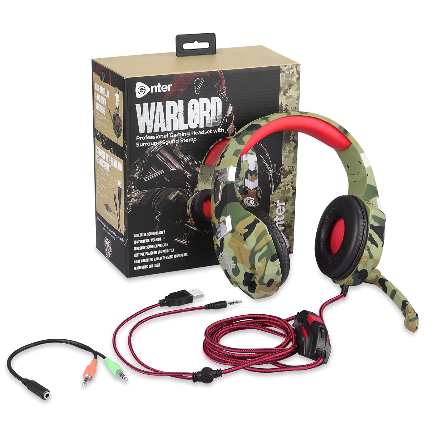 Enter Warlord Wired Gaming Headphone with 40mm Driver, Adjustable Headband with RGB Lights and Passive Noise Cancellation with Free Y Splitter, Camoflauge Enter Warlord Wired Gaming Headphone with 40mm Driver, Adjustable Headband with RGB Lights and Passive Noise Cancellation with Free Y Splitter, Camoflauge