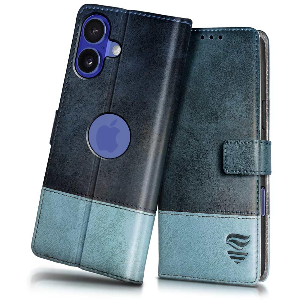FLIPPED Vegan Leather Flip Case Back Cover for iPhone 16 (Flexible, Shock Proof | Hand Stitched Leather Finish | Card Pockets Wallet & Stand | Blue with Aquamarine)