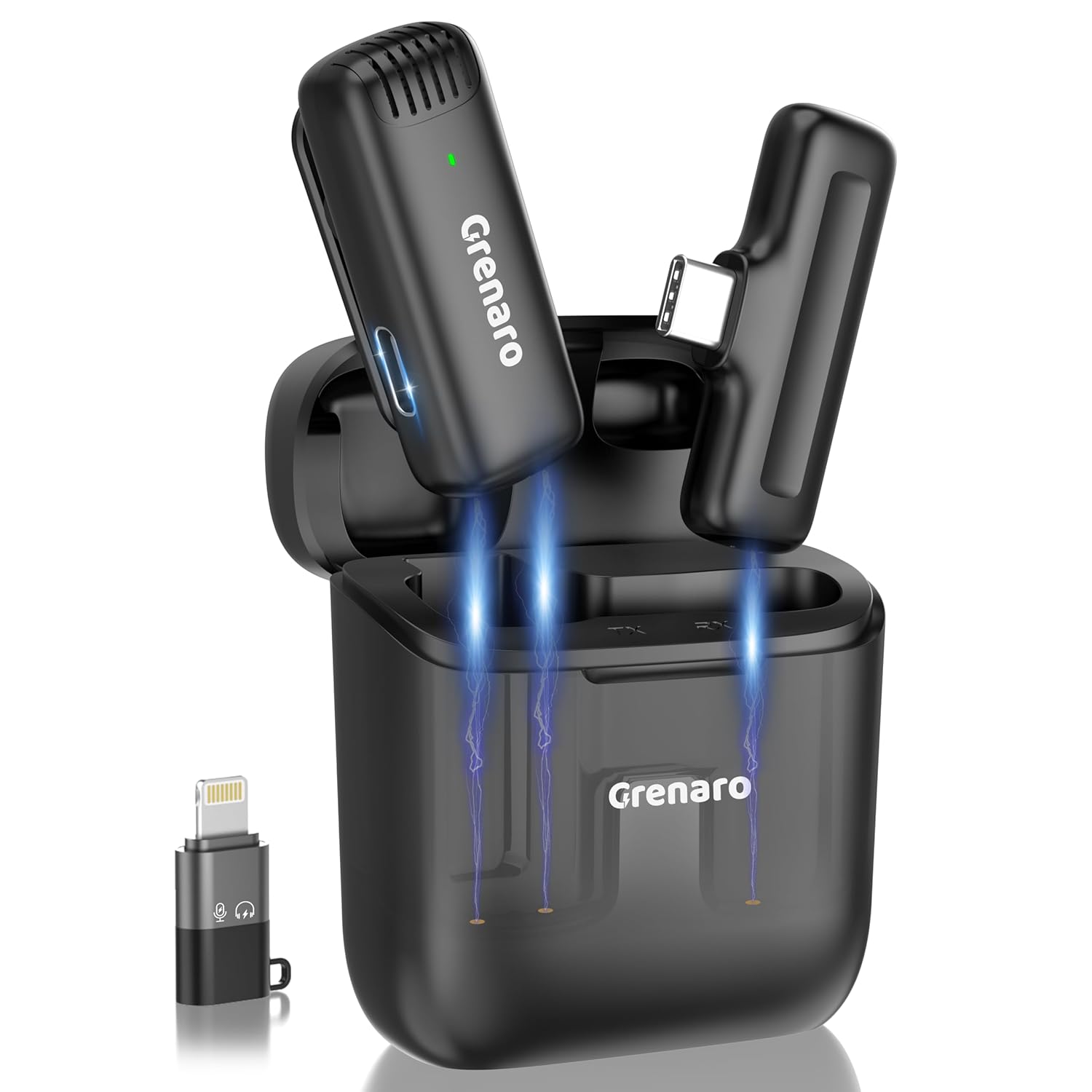 GRENARO J11 Wireless Mic with Charging Case, Lavalier Microphone Compatible for Type-C & iPhone, Noise Reduction Lapel Mic for Video Recording, YouTube, Facebook, Live Stream, No Micro USB Port