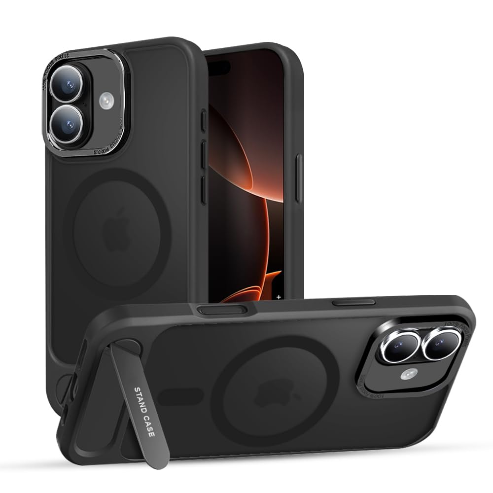 KARWAN®️Matte Back Cover Case Compatible with Stand Magnetic Designed for iPhone 16 | Ultra Hybrid Camera Bump Protection (Black)