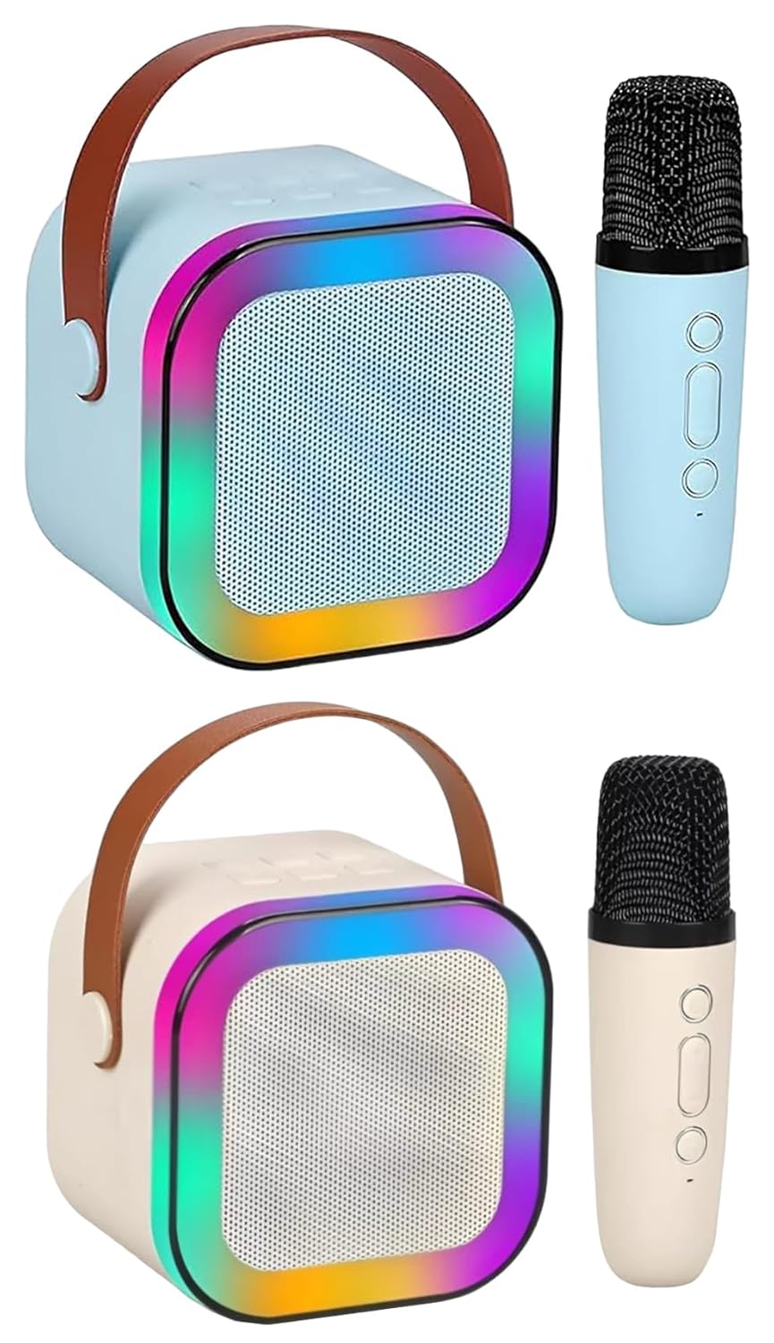 Magicwand® K12【Pack of 2 Speakers】【Blue & Biege 1 Mic】 USB-C-Charging Kids Karaoke Microphone Wireless Bluetooth Speaker with RGB LED Lighting for Kids