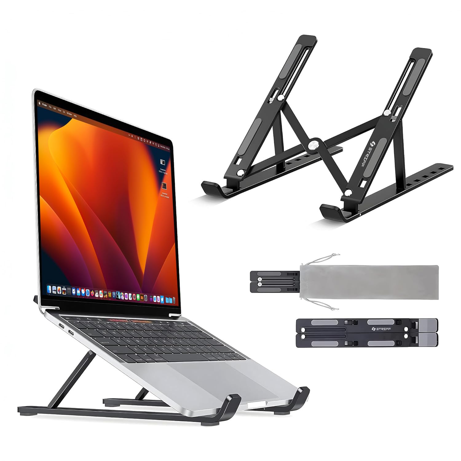 STRIFF Angles Adjustable Aluminum Ergonomic Foldable Portable Tabletop Laptop/Desktop Riser Stand Holder Compatible for MacBook, HP, Dell, Lenovo & All Other Notebook – Black