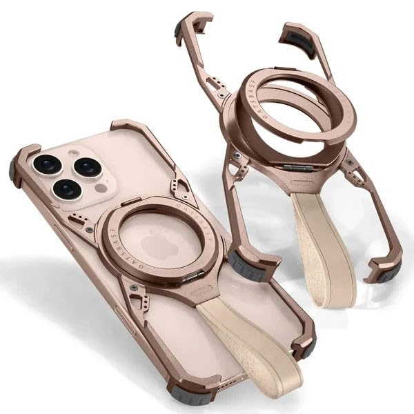 TechTrendz Bracket Aluminium Metal Phone Case with Dual-Layer Ring Stand and Strap Compatible with iPhone 16 Pro – Desert Titanium