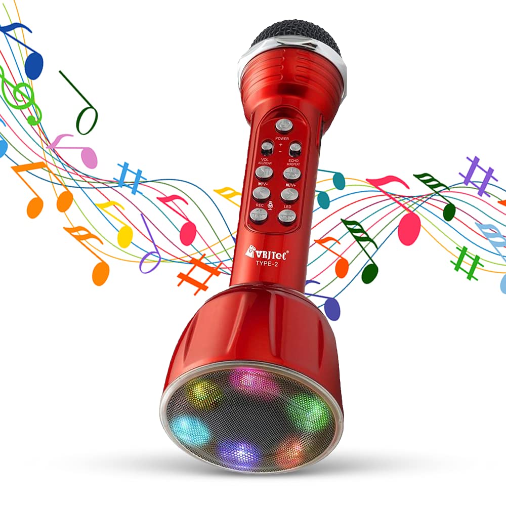 VRJTEC Wireless Bluetooth Karaoke Mic | Multi-function Bluetooth & Portable Handheld Microphone For House Parties, Karoke Singing For singing, Recording (Red – Color Mic)