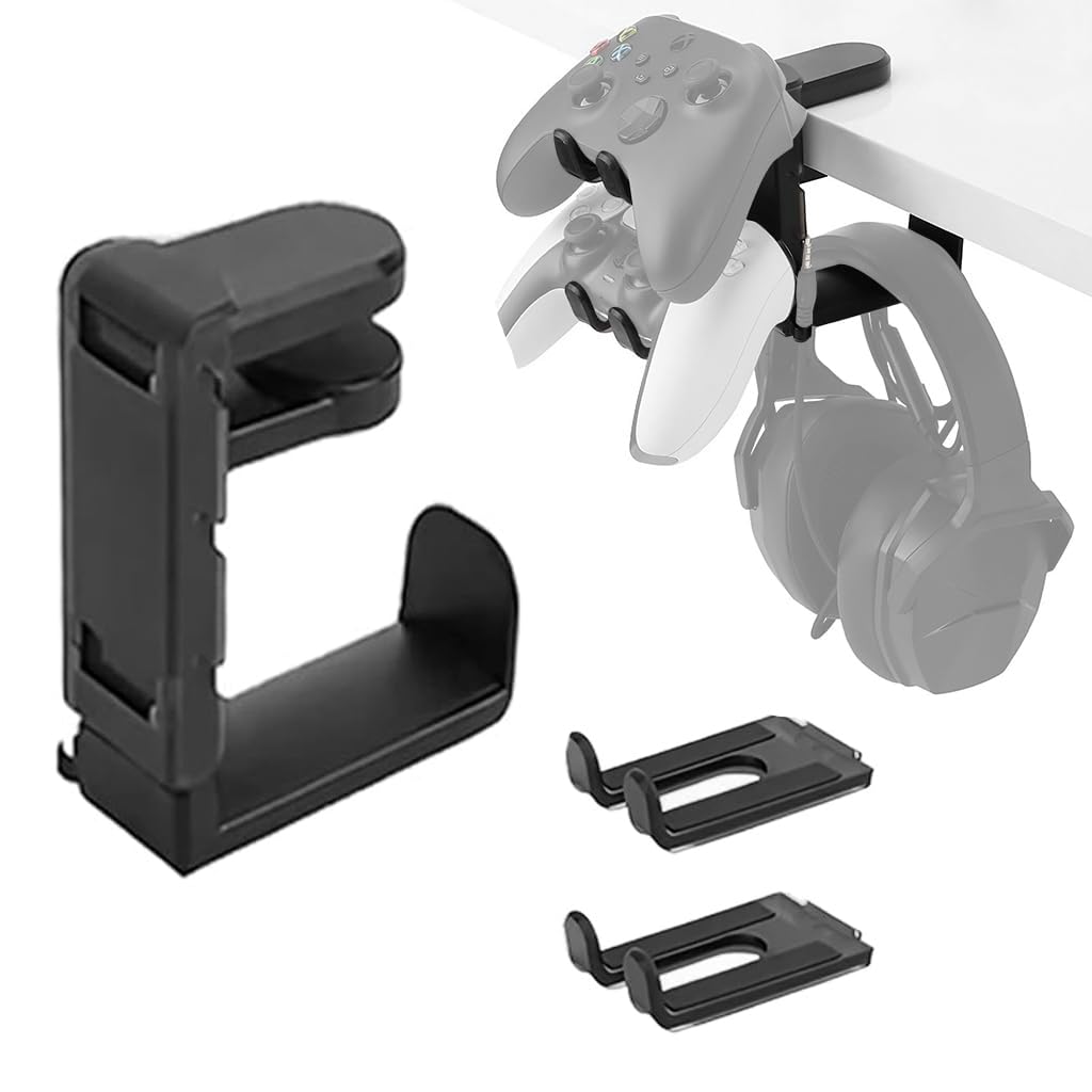 ZORBES® 3-in-1 PC Gaming Headset&Controller Holder, Headphone Stand with Adjustable Clamp&2 Controller Holder&Rotating Arm&Cable Organizer, 360 Degree Rotatable PC Gaming Accessory Headset Holder