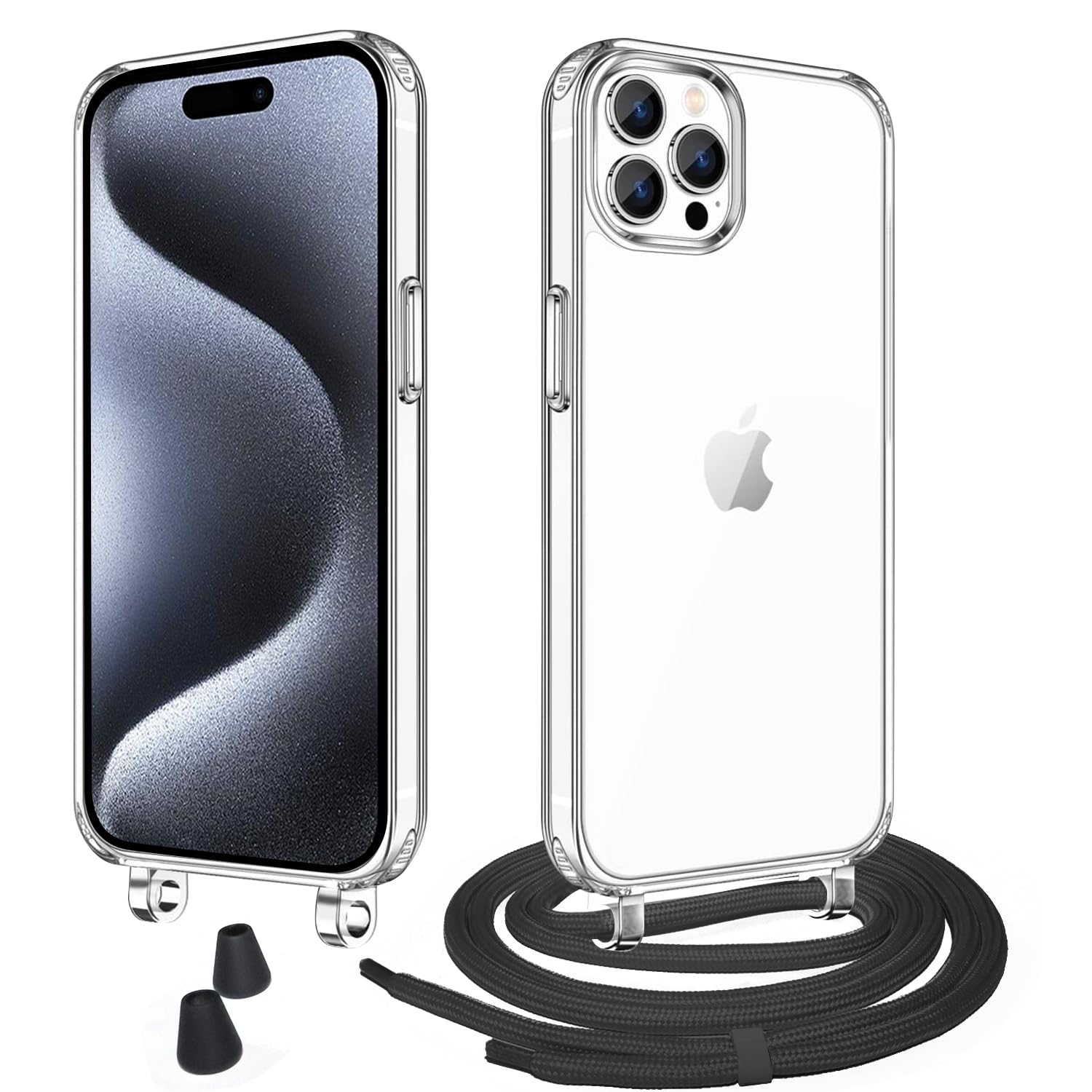 iLovecover Crossbody Lanyard Case for iPhone 16 Pro,Silicone Protective Phone Cover with Strap Adjustable Neck Cord Necklace Clear Transparent Soft for iPhone 16 Pro,Black