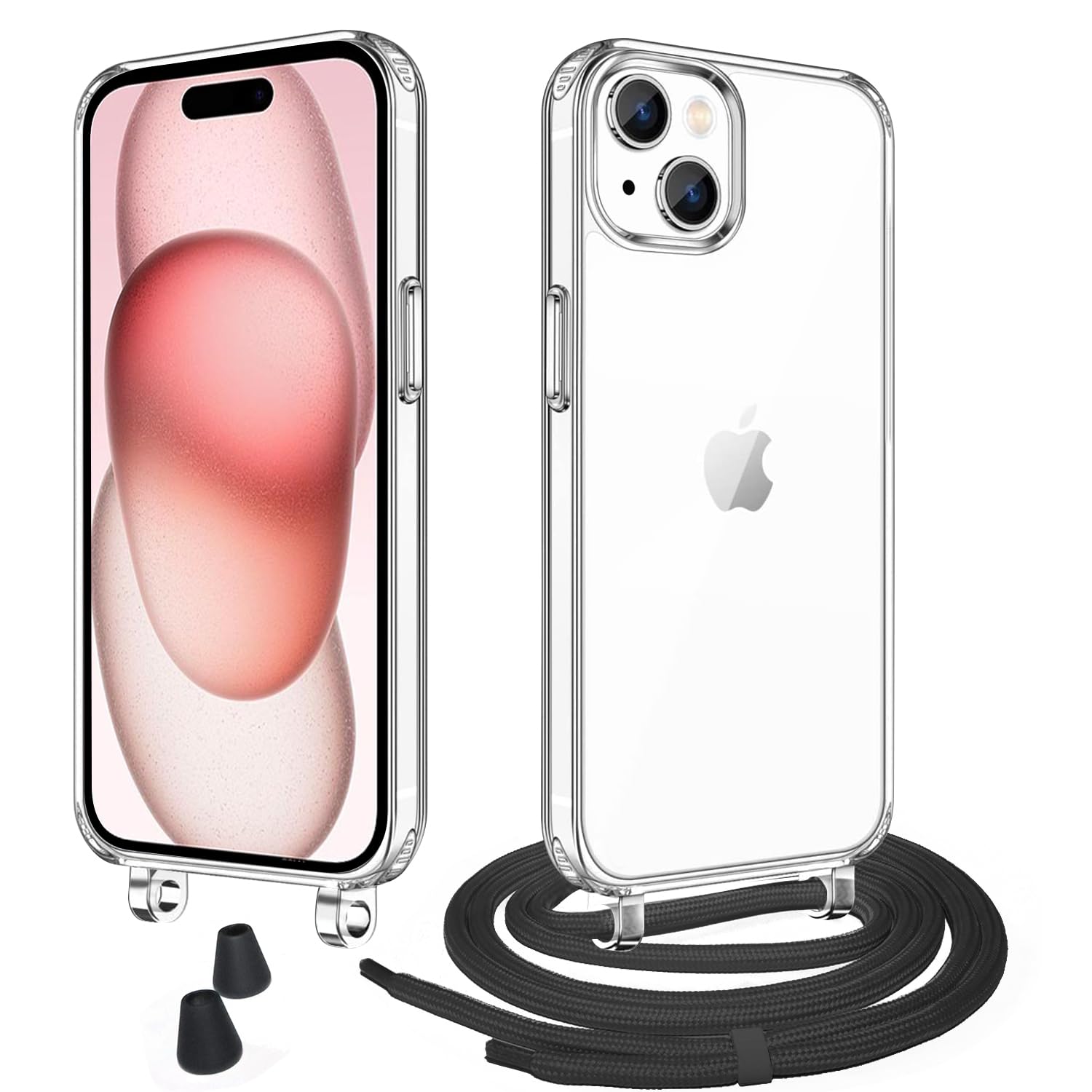 iLovecover Crossbody Lanyard Case for iPhone 16,Silicone Protective Phone Cover with Strap Adjustable Neck Cord Necklace Clear Transparent Soft for iPhone 16,Black