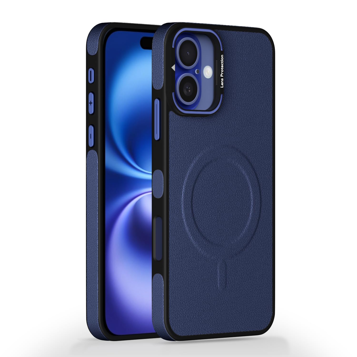 Amazon basics Back Cover for iPhone 16 Plus| 360 Protection Case| Pu Leather with Metal Frame Lens Protection Bumper Case(Blue)