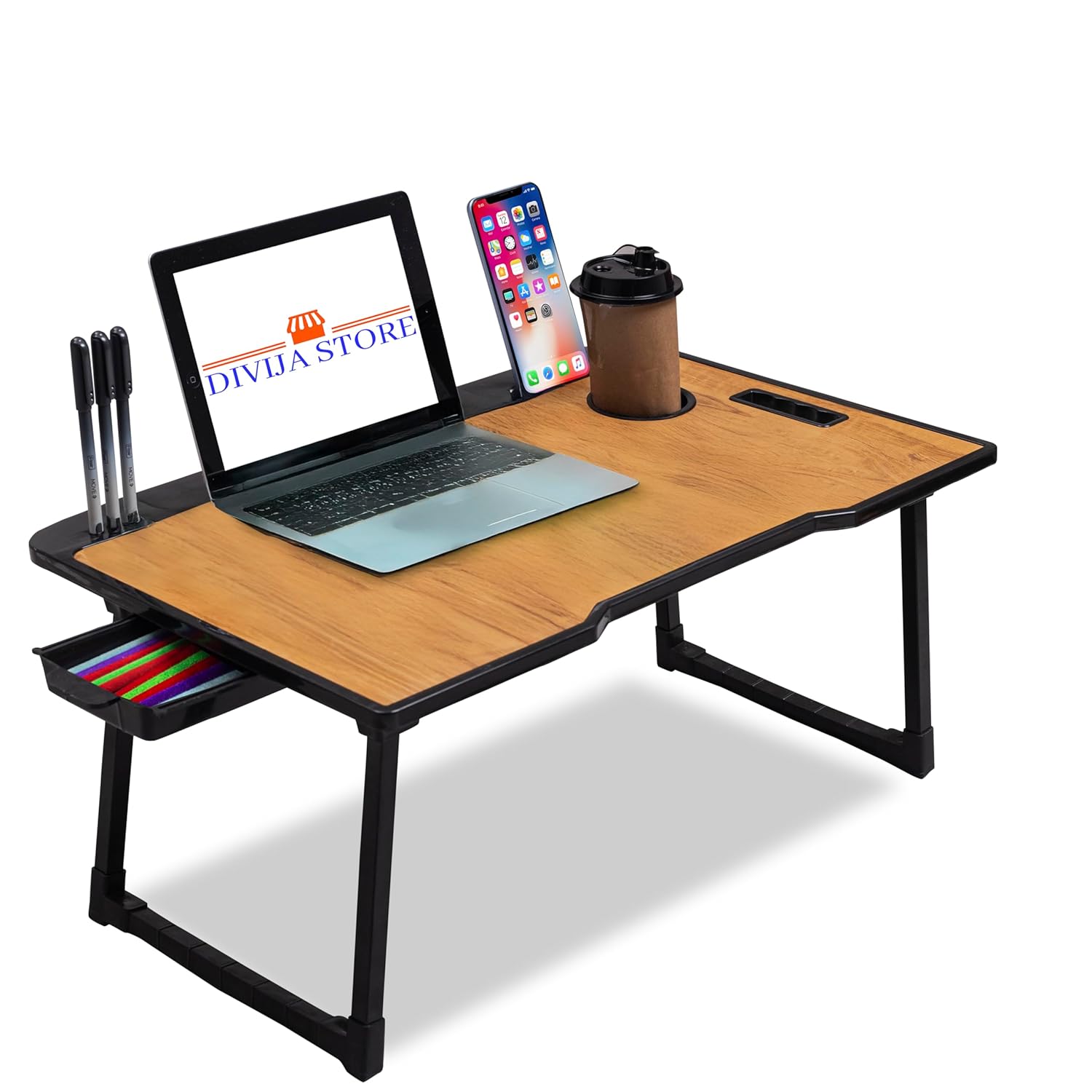 DIVIJA STORE Diwija Store Foldable Wooden Mini Laptop Table for Bed, Study Table with Drawer, Tablet/Mobile Holder for Kids & Adults (Wood) DIVIJA STORE Diwija Store Foldable Wooden Mini Laptop Table for Bed, Study Table with Drawer, Tablet/Mobile Holder for Kids & Adults (Wood)