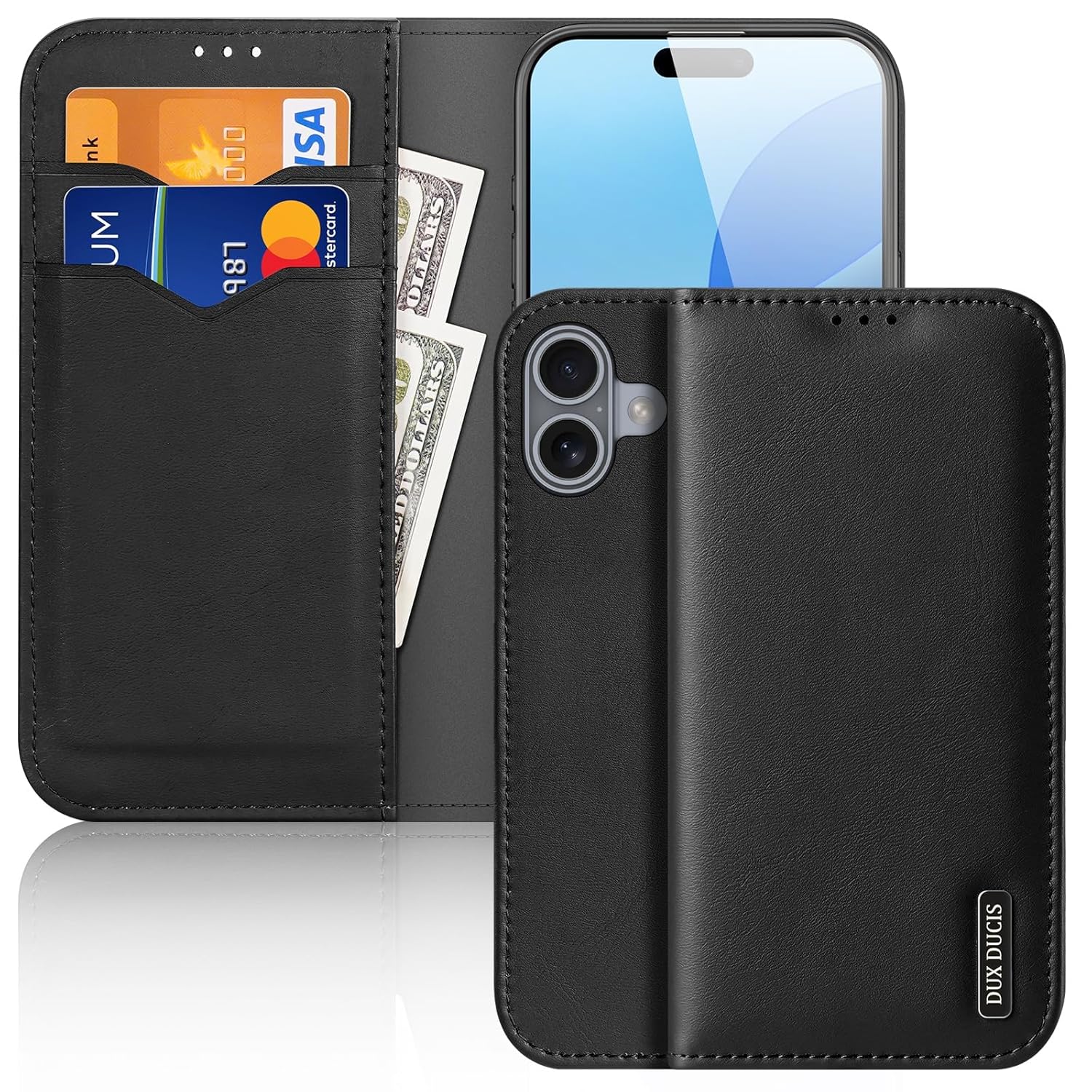 DUX DUCIS for iPhone 16 Wallet Case, RFID Blocking,Kickstand, Leather+TPU+PC Magnetic Flip Cover for iPhone 16 – Black