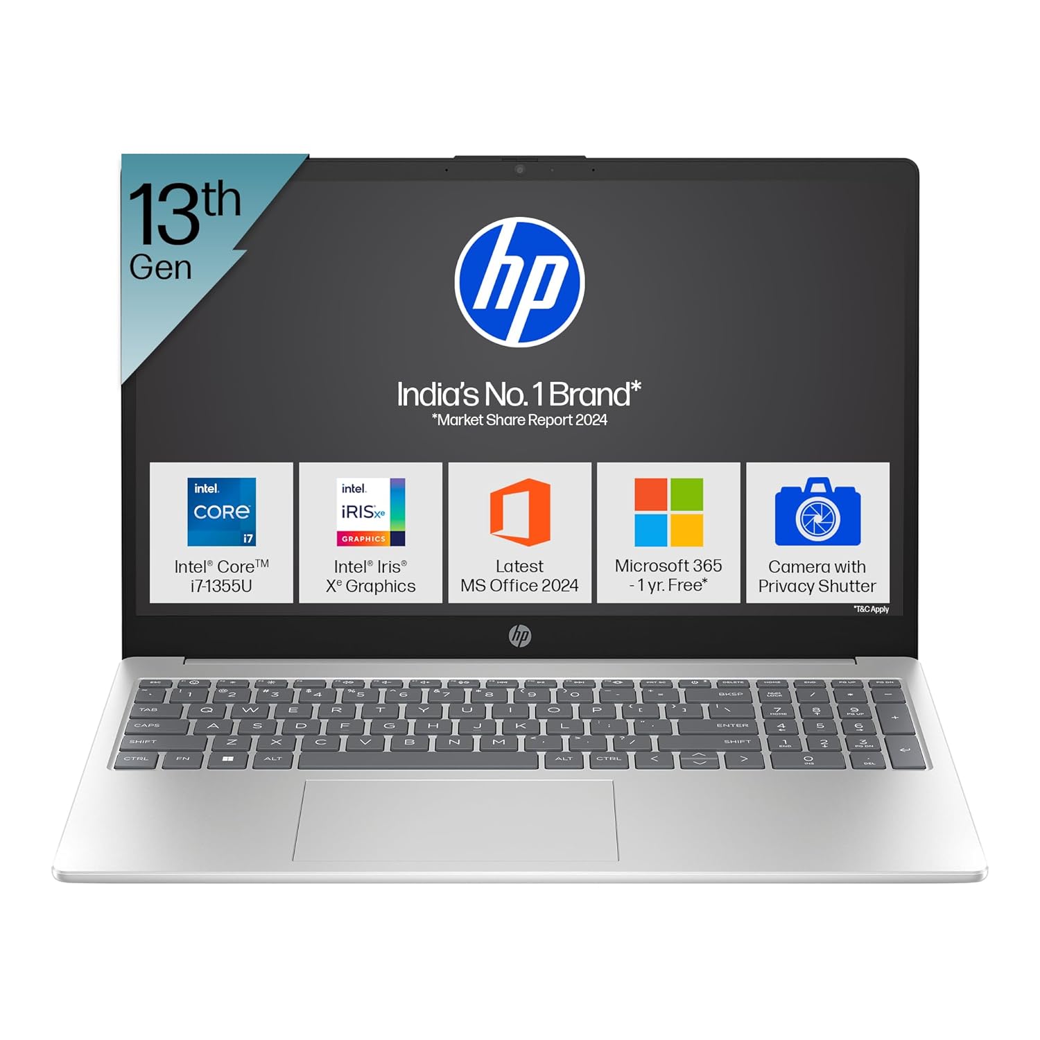 HP 15, 13th Gen Intel Core i7-1355U (16GB DDR4, 512GB SSD) Microsoft365* Office2024, Win11, 15.6inch(39.6cm) FHD Laptop, Intel Iris Xe, FHD Camera w/Privacy Shutter, Backlit, Silver, 1.59kg, fd0468tu