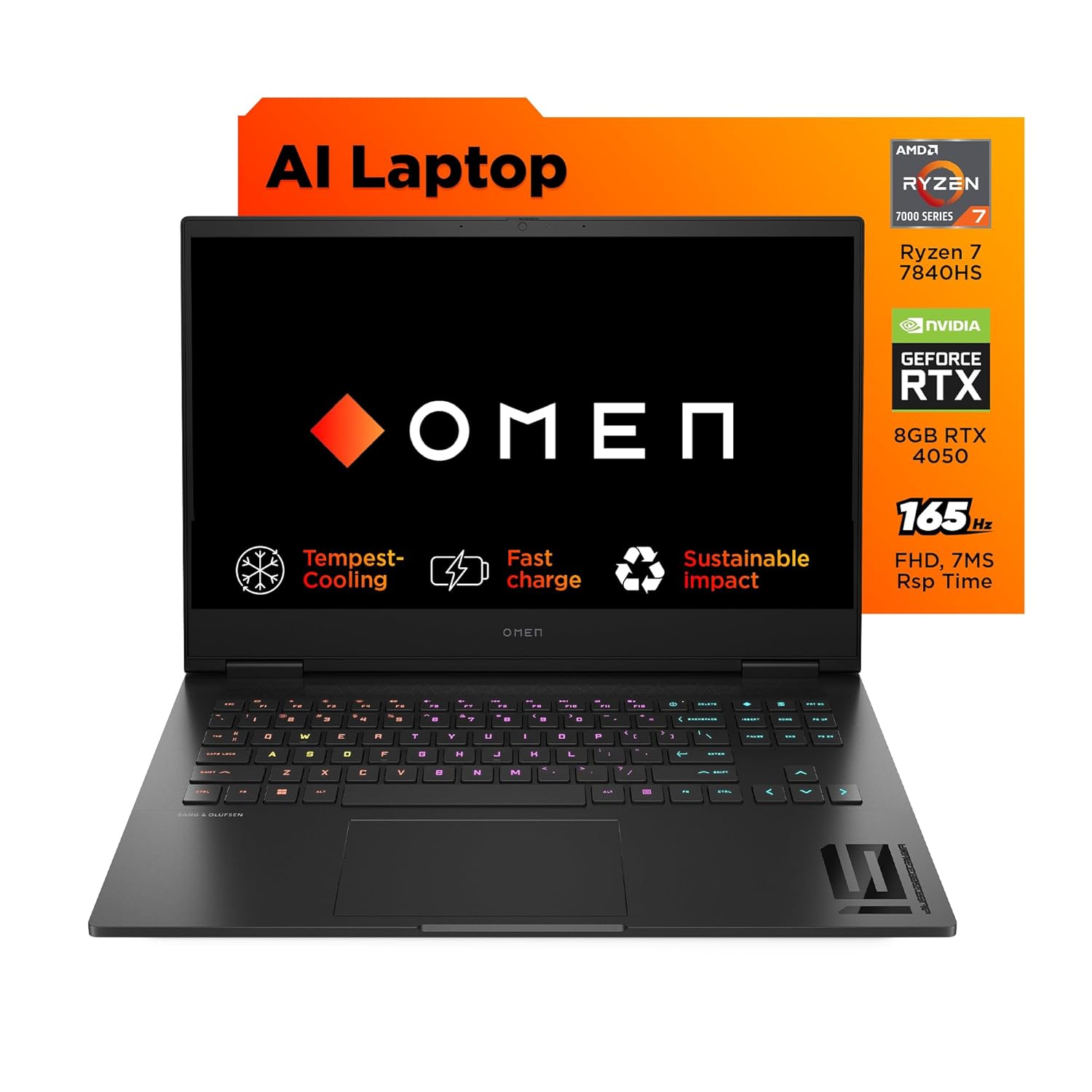 HP OMEN Gaming AI Laptop, AMD Ryzen 7 7840HS, 6GB NVIDIA RTX 4050, 16GB DDR5, 1TB SSD, (Win 11, Office 21, Black, 2.37kg), 7MS, 165Hz, IPS, 16.1-inch (40.9cm), Tempest Cooling, RGB Keys, xd0015AX