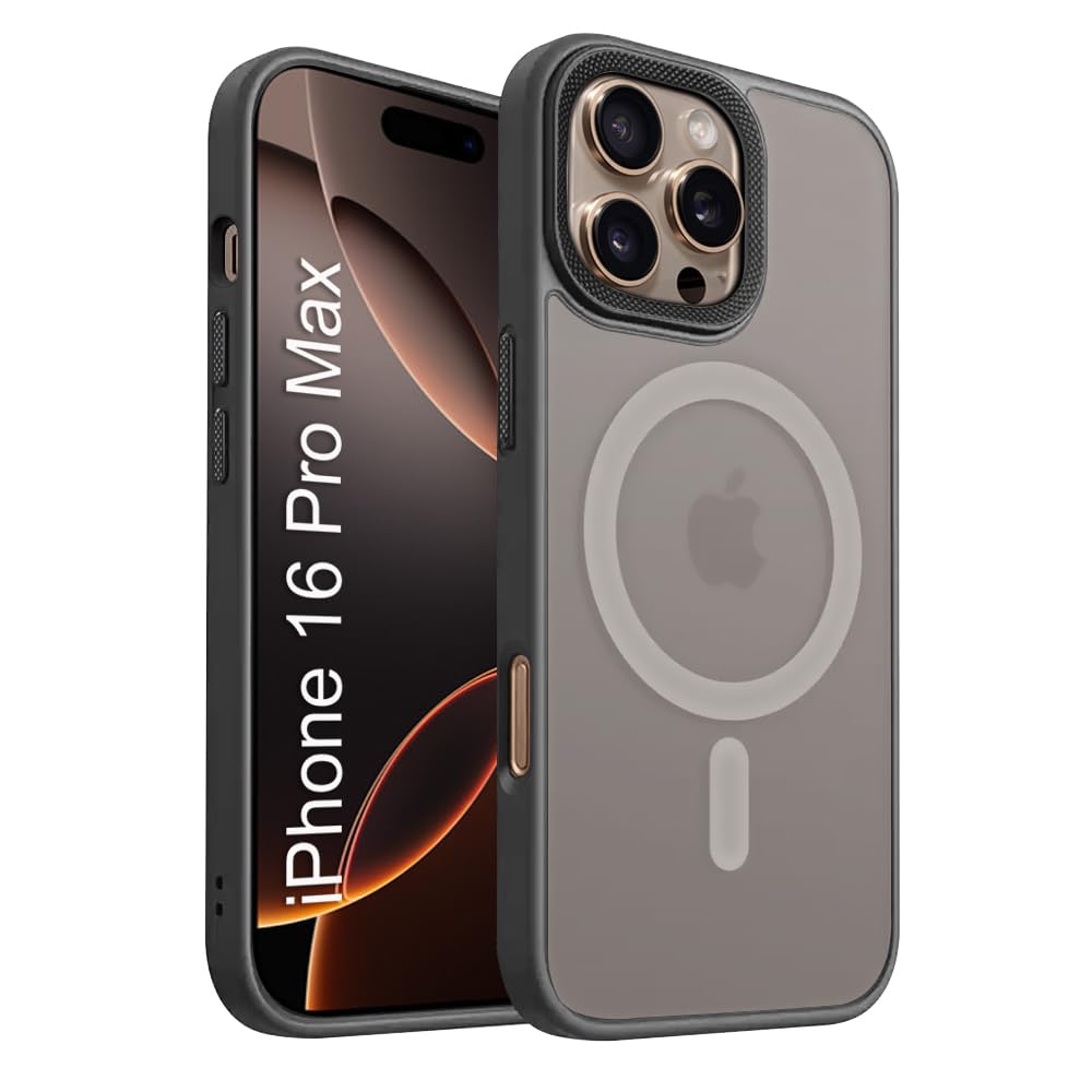 TOUCCH iPhone 16 pro Max Magnetic Matte Case | Shock Proof Design & Ring Camera Protection | Magsafe Wireless Charging case for iPhone 16 pro Max | Sleek Hard Crystal Cover – Black (Matte – Back)