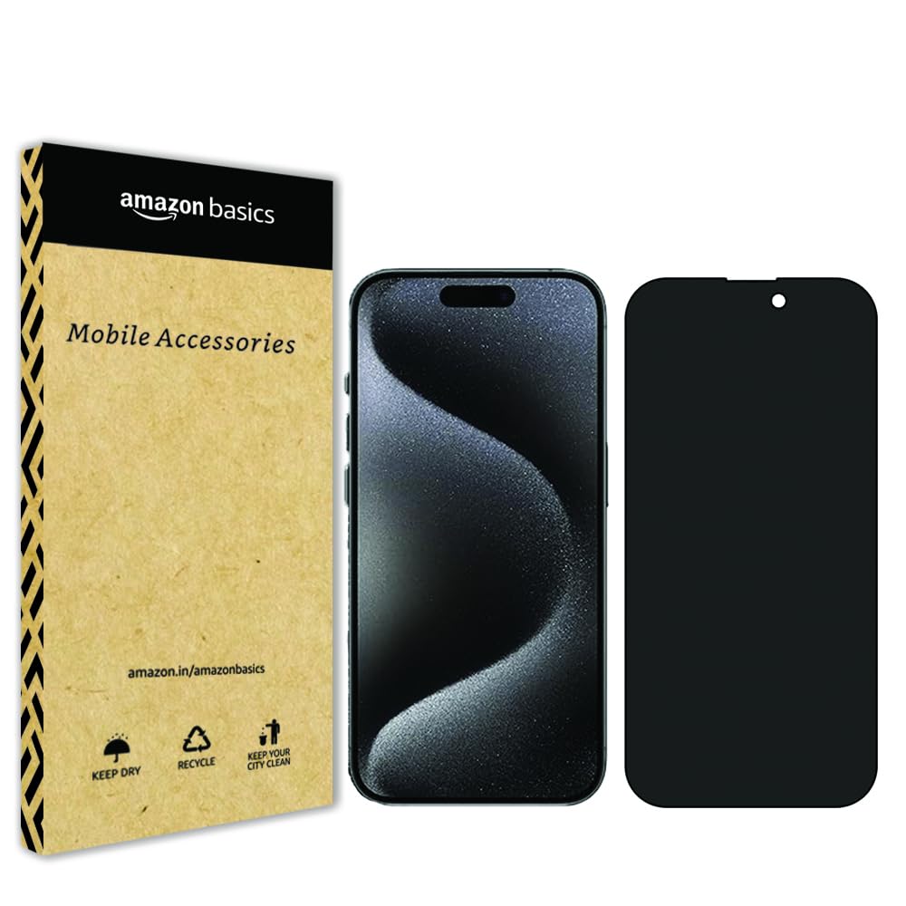 Amazon Basics Privacy Tempered Glass Screen Protector for iPhone 15 (6.1 inches) | Edge to Edge Coverage | Easy Installation Kit | Anti-Spy