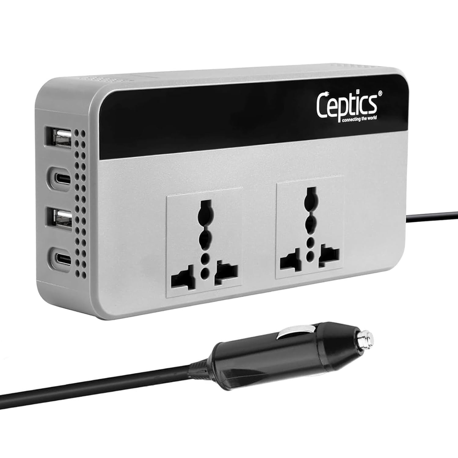 Ceptics 200W Car Laptop Charger/car Inverter with 2X Universal Outlet with SmartVoltage™ Technology, 12V DC to 220V-AC with 18 Months Warranty, 18W 2 USB-A, 2 USB-C with 18W QC 3.0 – Grey