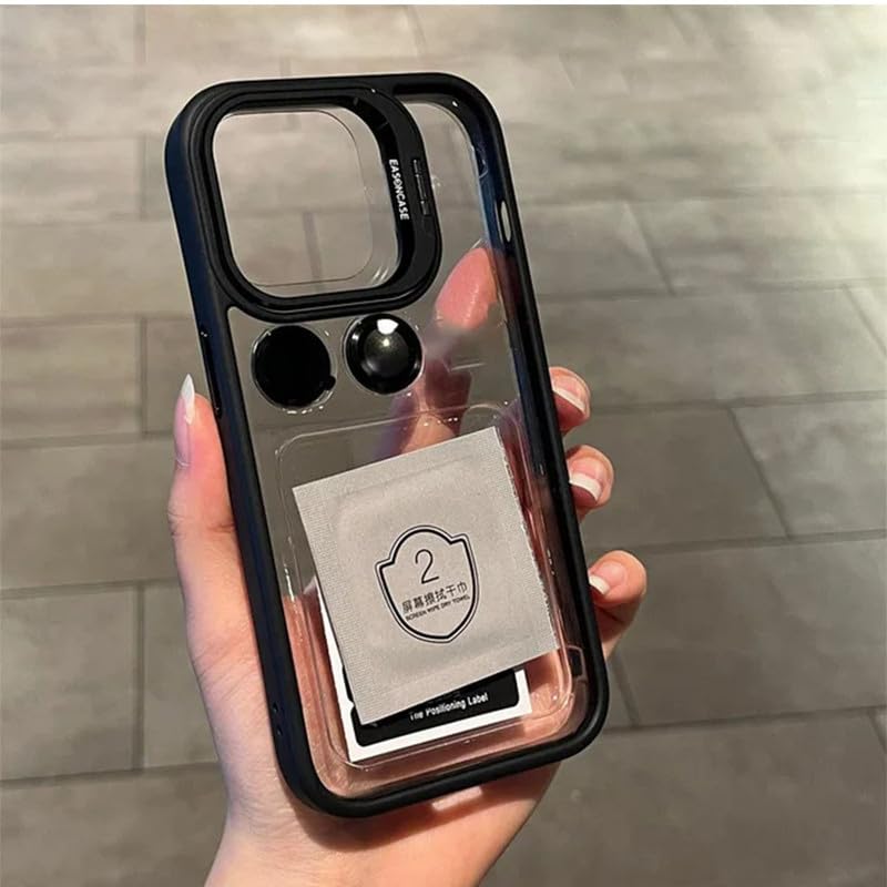 Clear Case for iPhone 15 Plus with Metal Lens Protector & 180° Rotating Bracket | Shockproof Transparent Hard Back Cover with Soft TPU Frame – Black